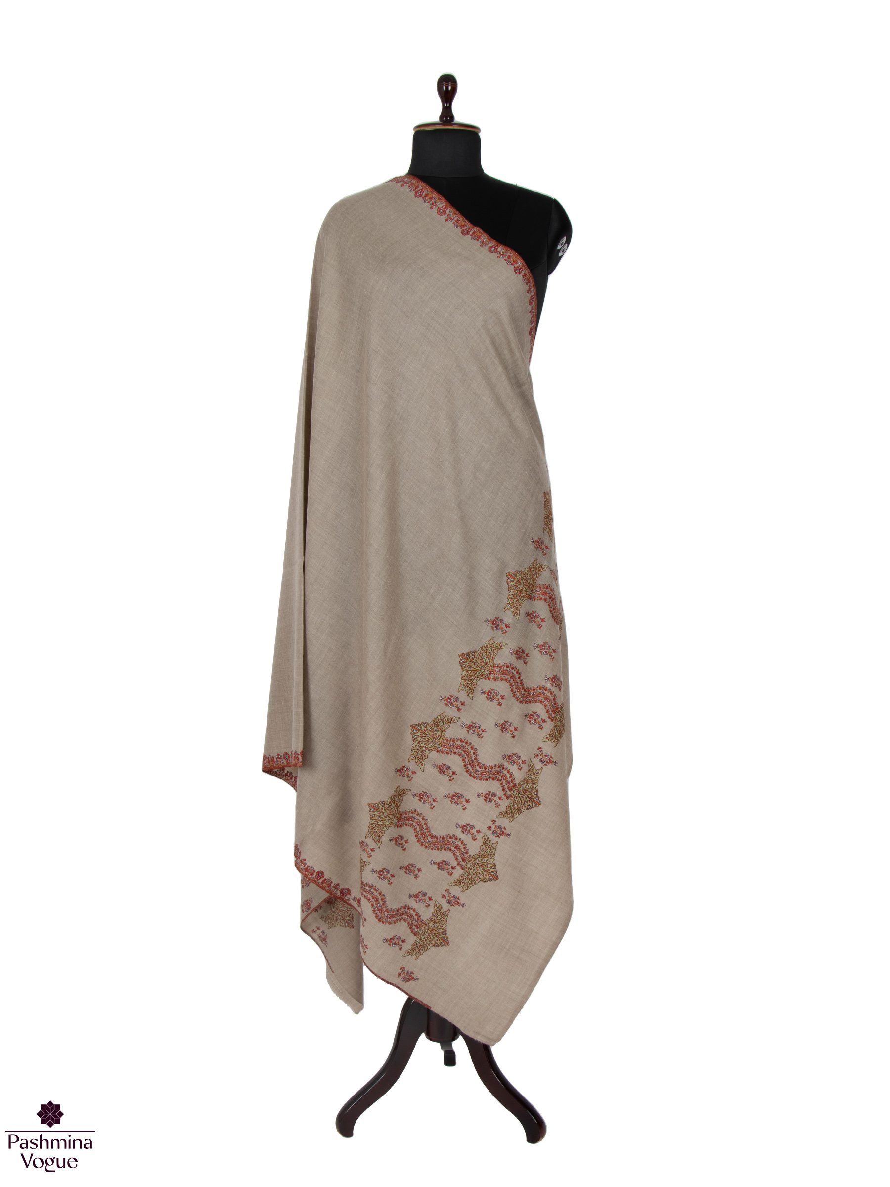 Pale Oyster Pashmina Shawl With Embroidery