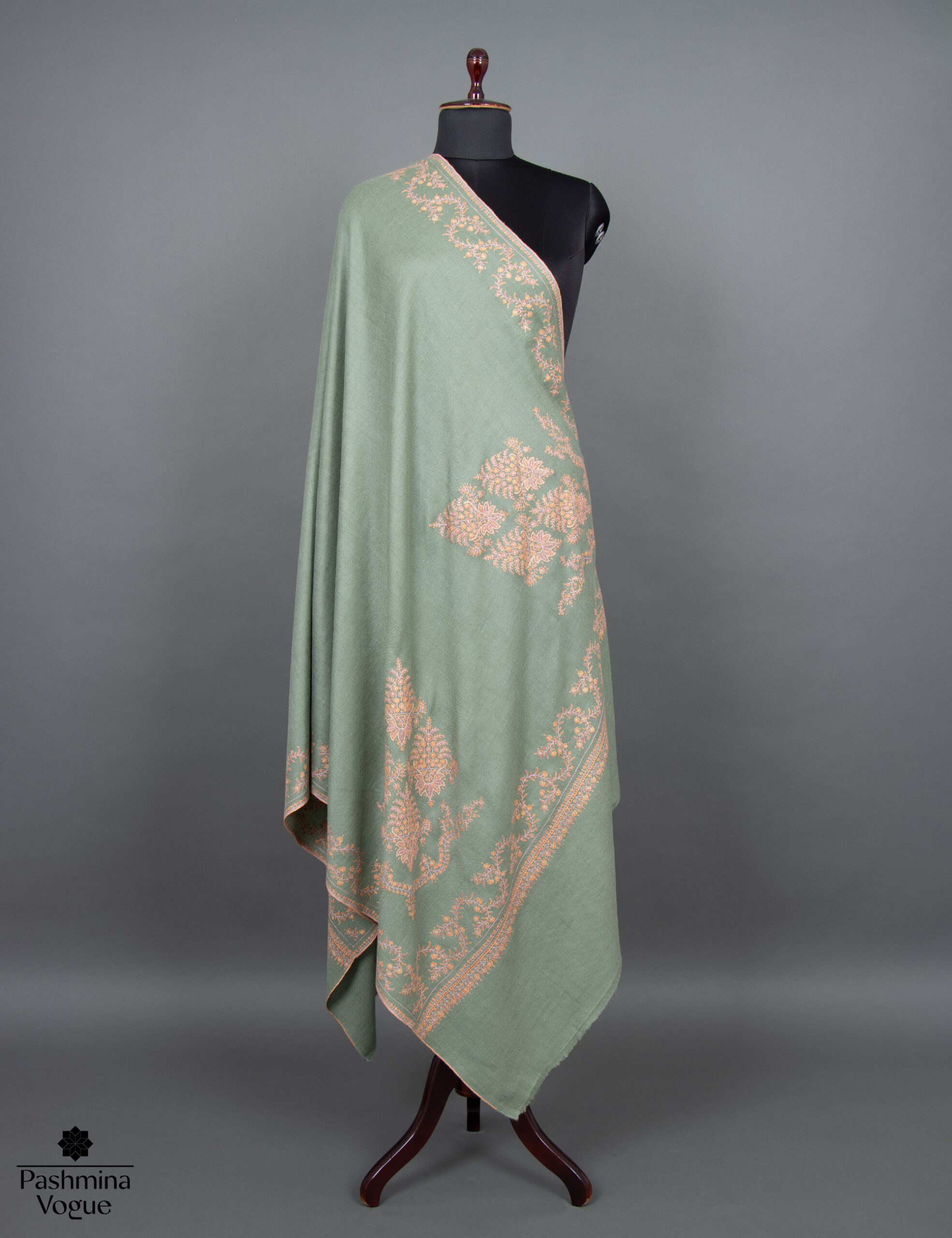 Pale Green Petals Handcrafted Pashmina Shawl