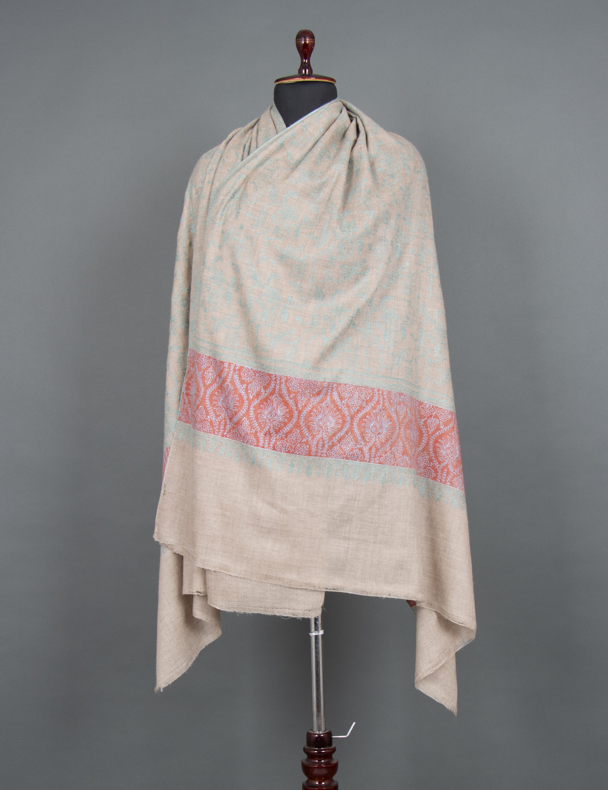All Over Embriorided Beige Base Blue and Red Pashmina Shawl