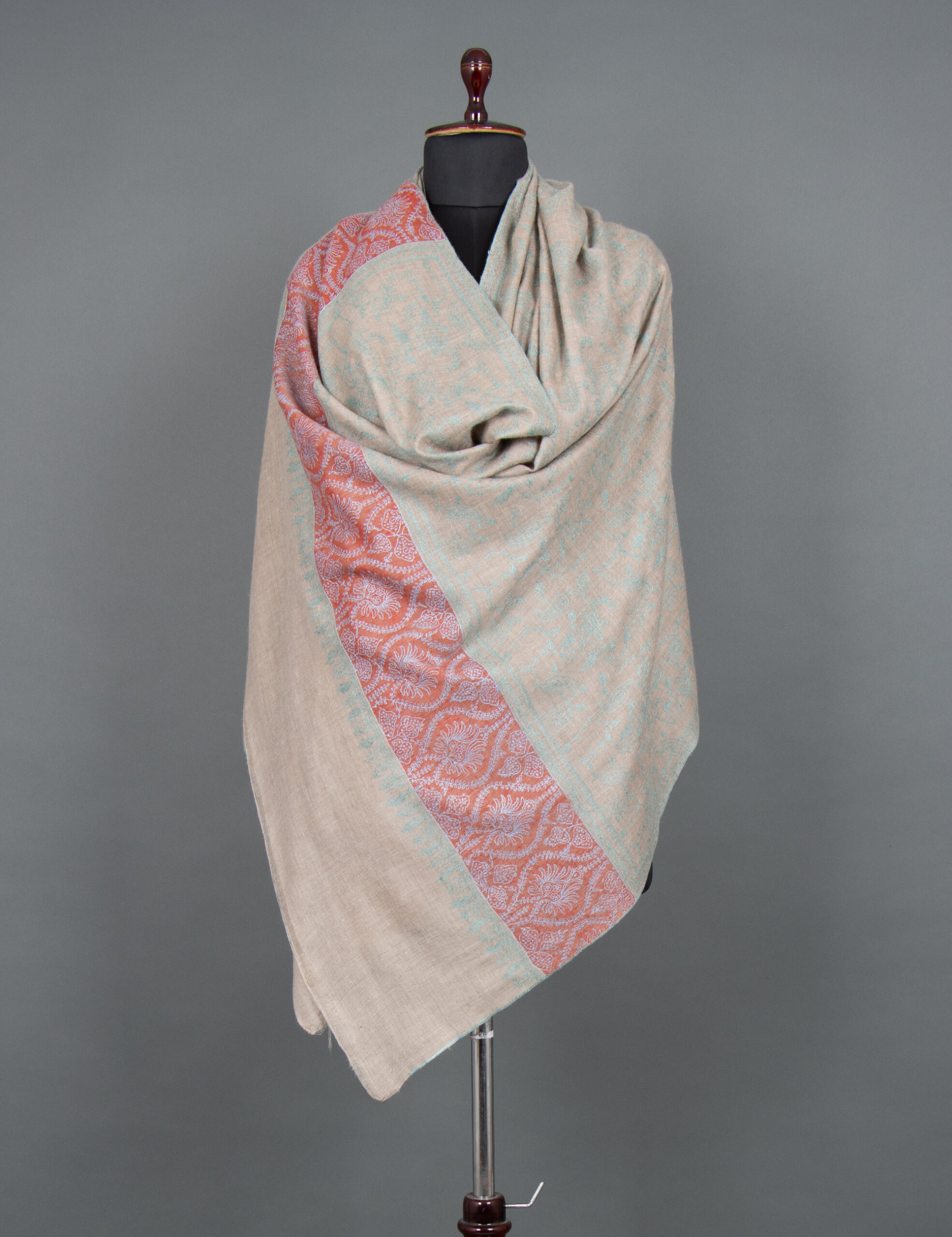 All Over Embriorided Beige Base Blue and Red Pashmina Shawl