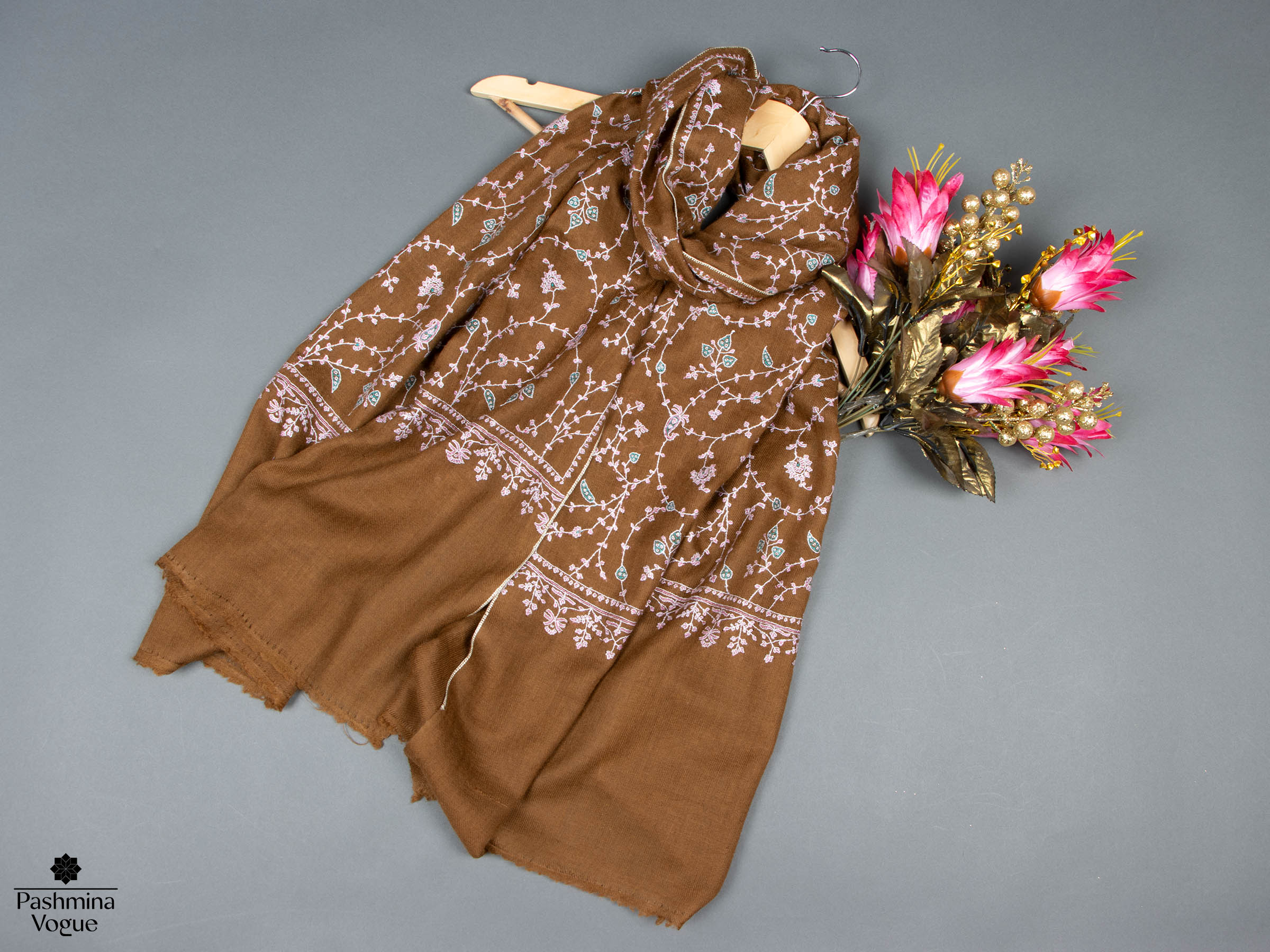 Brown Cashmere Scarf With White Embroidery