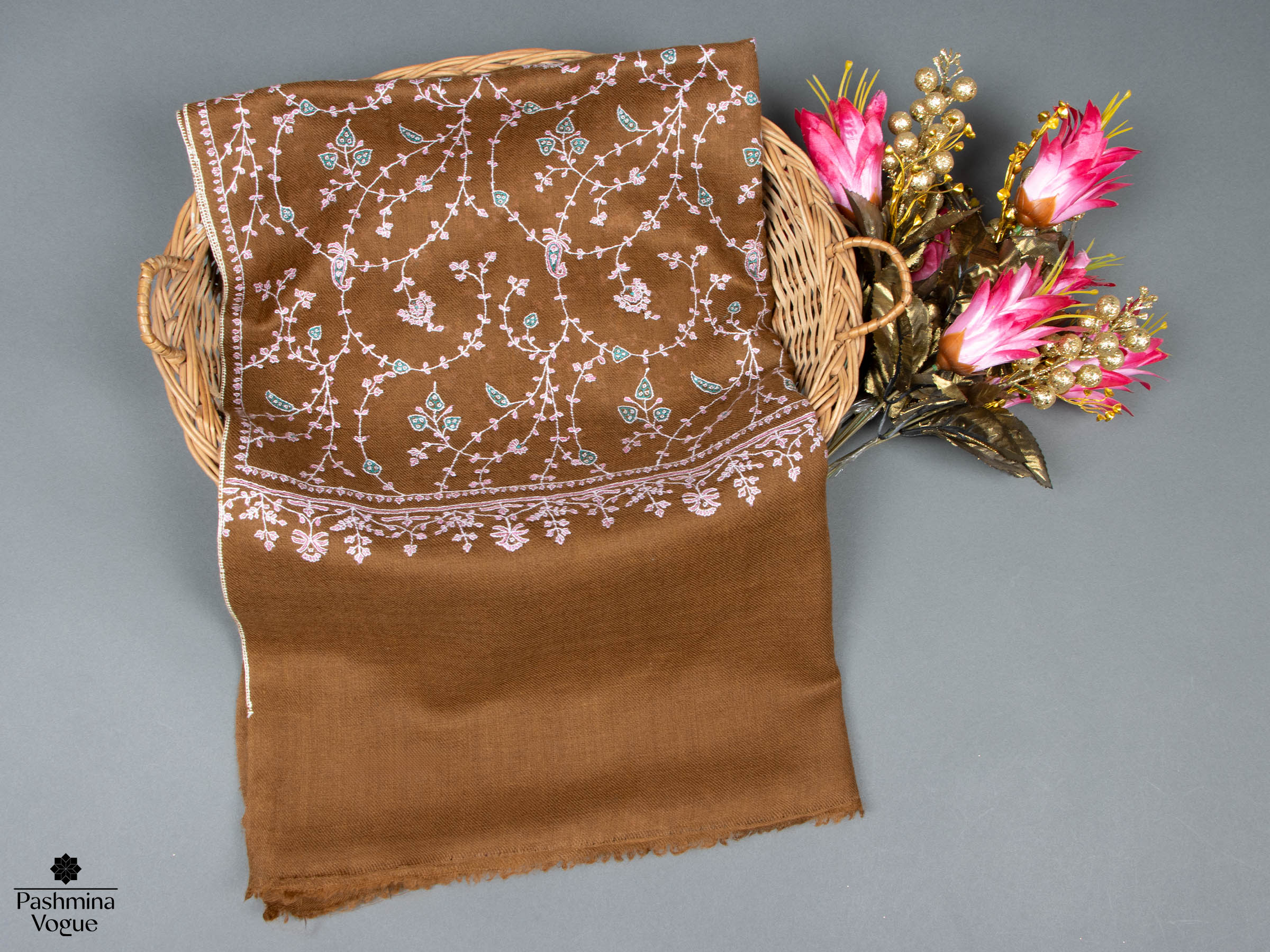 Brown Cashmere Scarf With White Embroidery