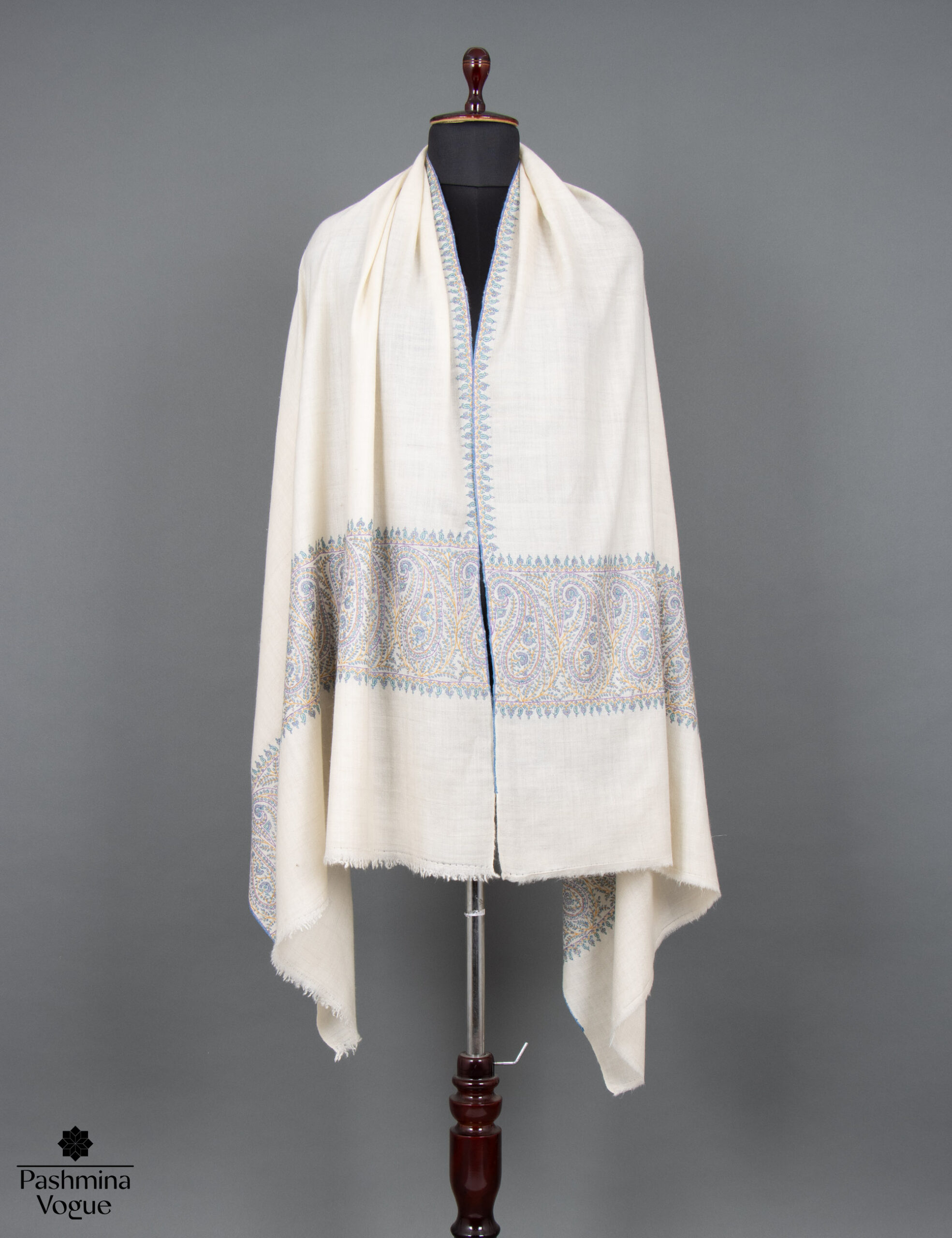 White Shawl with Blue Embroidery