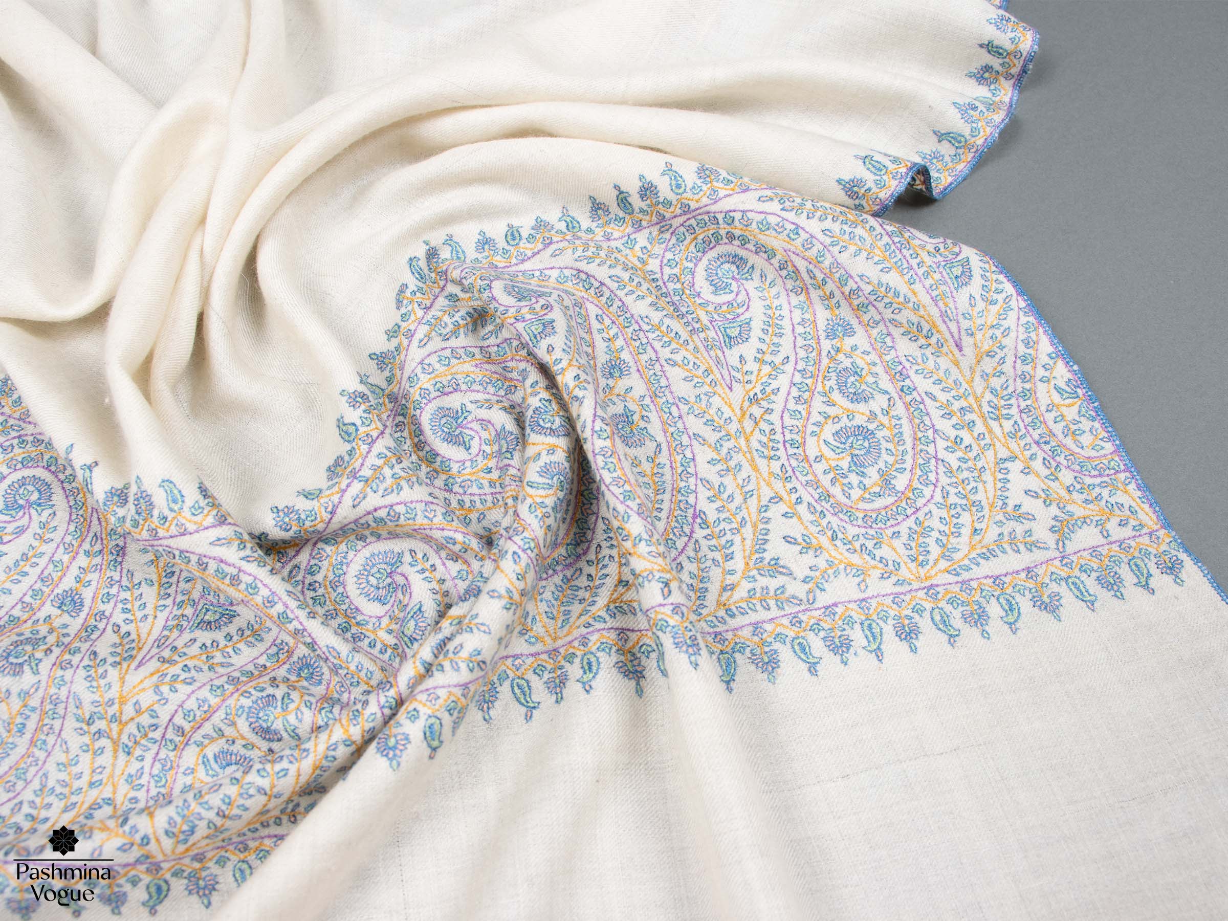White Shawl with Blue Embroidery