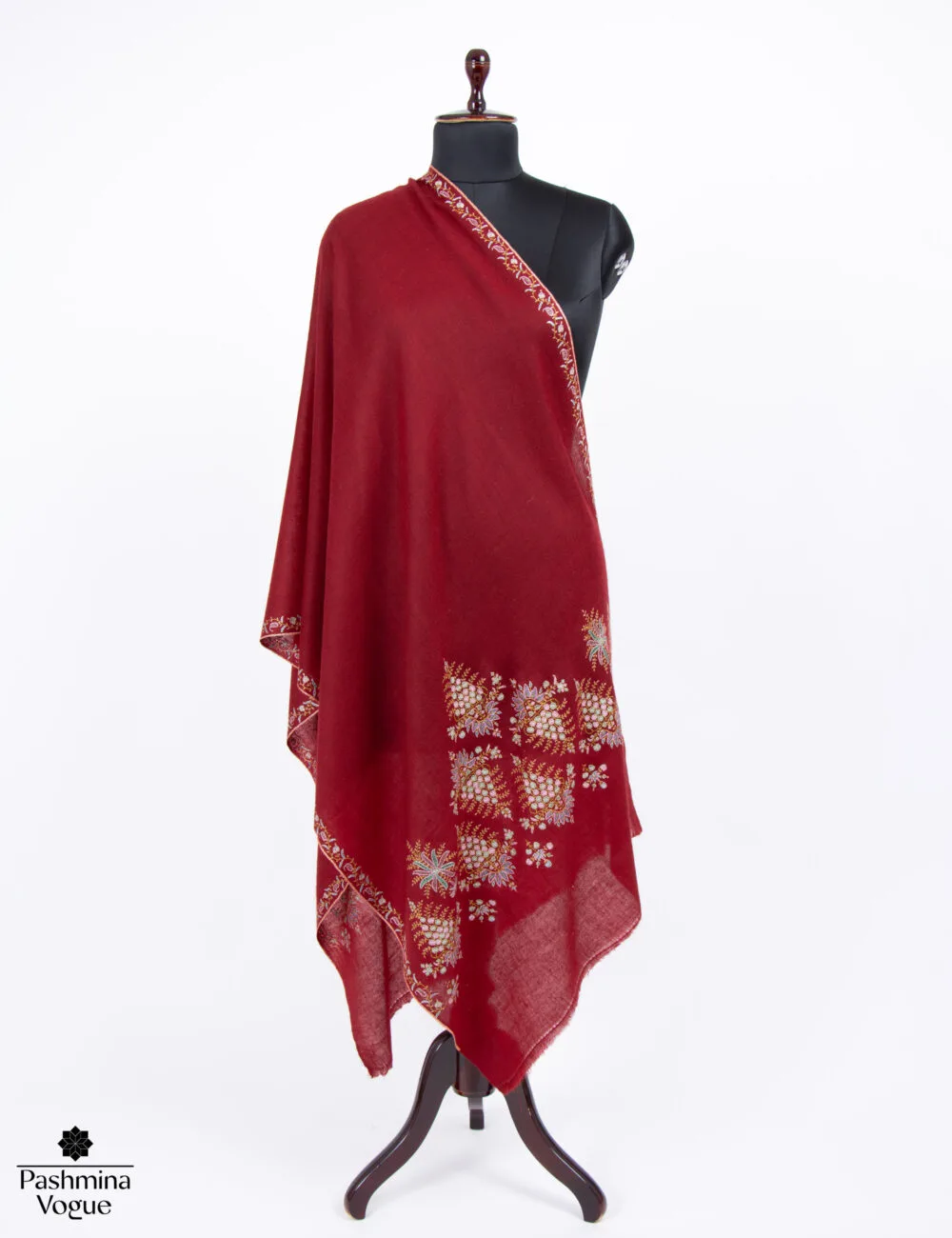 Store Large Rusty Red Kingri Hand Embroidered Cashmere Pashmina Shawl, Winter Wrap