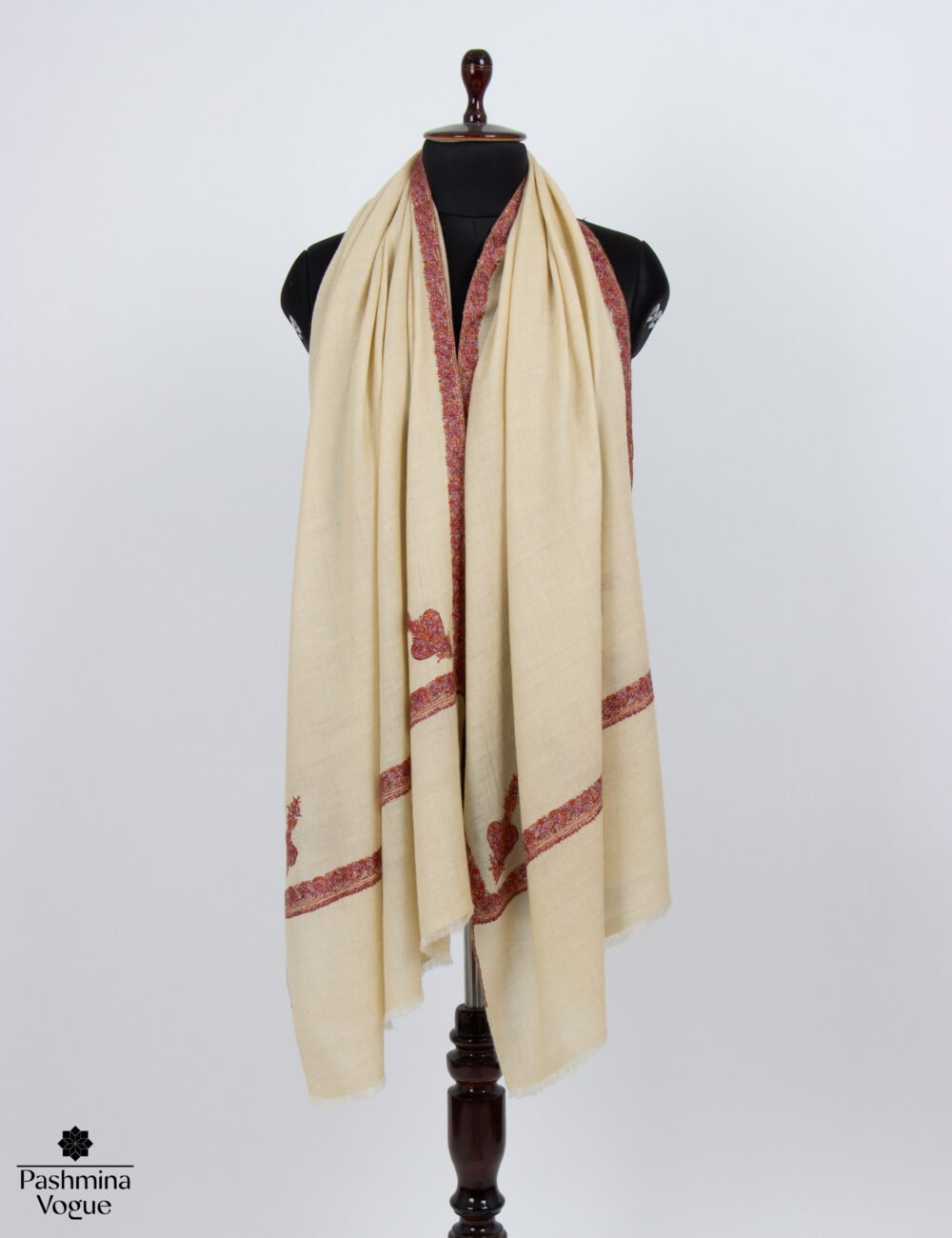 White (Natural) Pashmina Embroidered Wrap