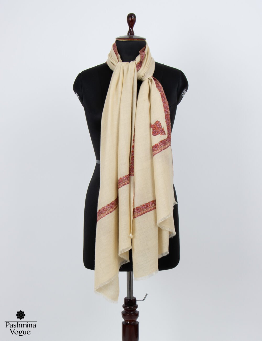 White (Natural) Pashmina Embroidered Wrap