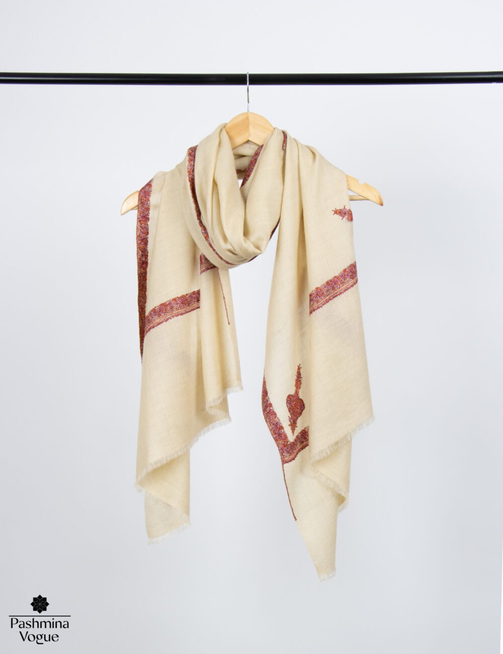 White (Natural) Pashmina Embroidered Wrap