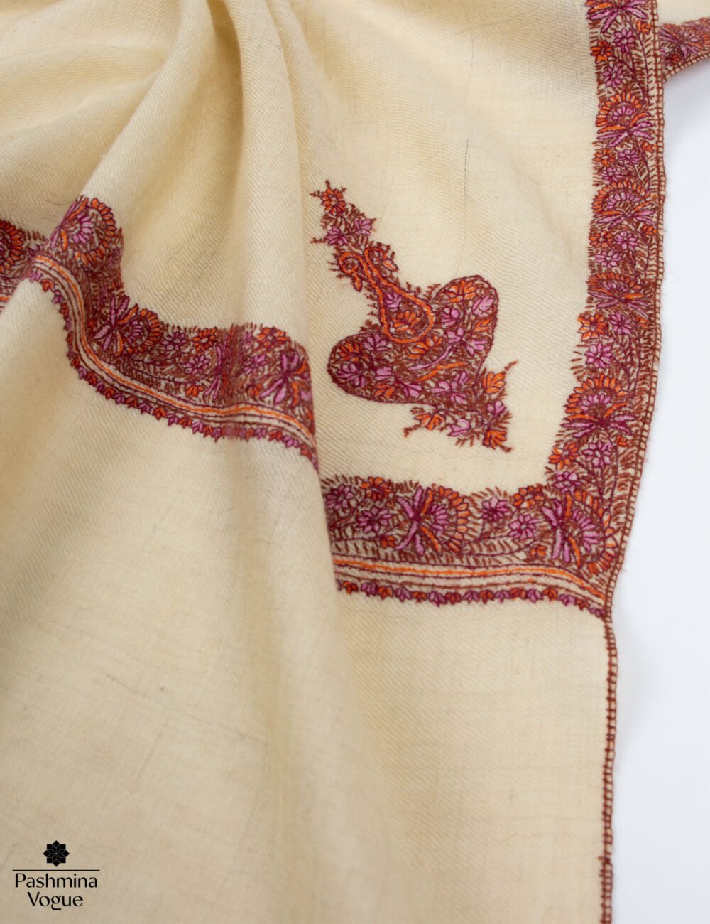 White (Natural) Pashmina Embroidered Wrap