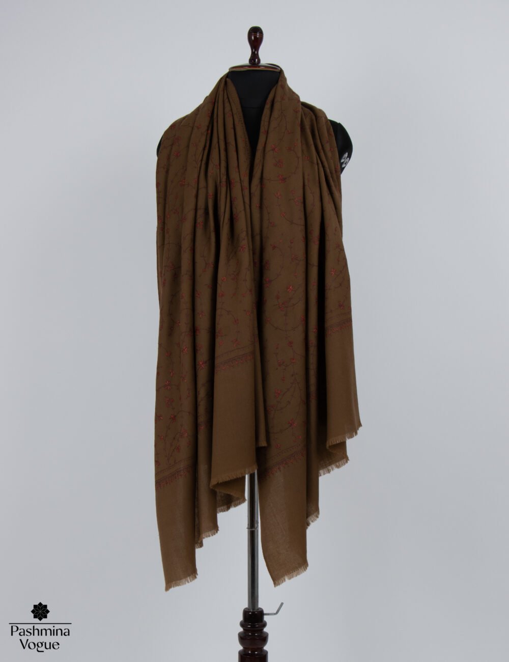 Brown Merino Wool Hand Embroidered Shawl