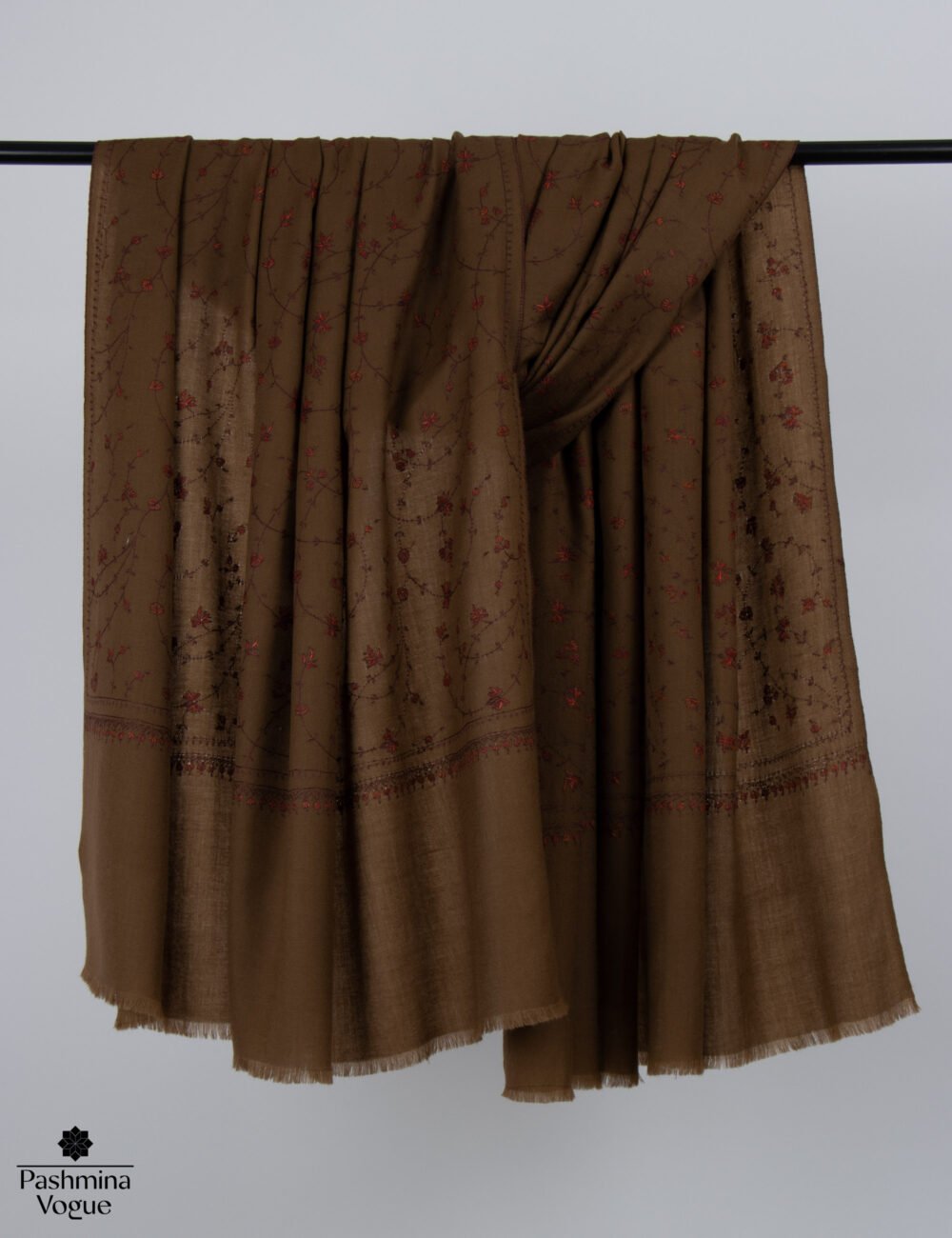 Brown Merino Wool Hand Embroidered Shawl