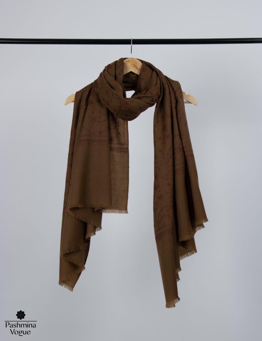 Brown Merino Wool Hand Embroidered Shawl