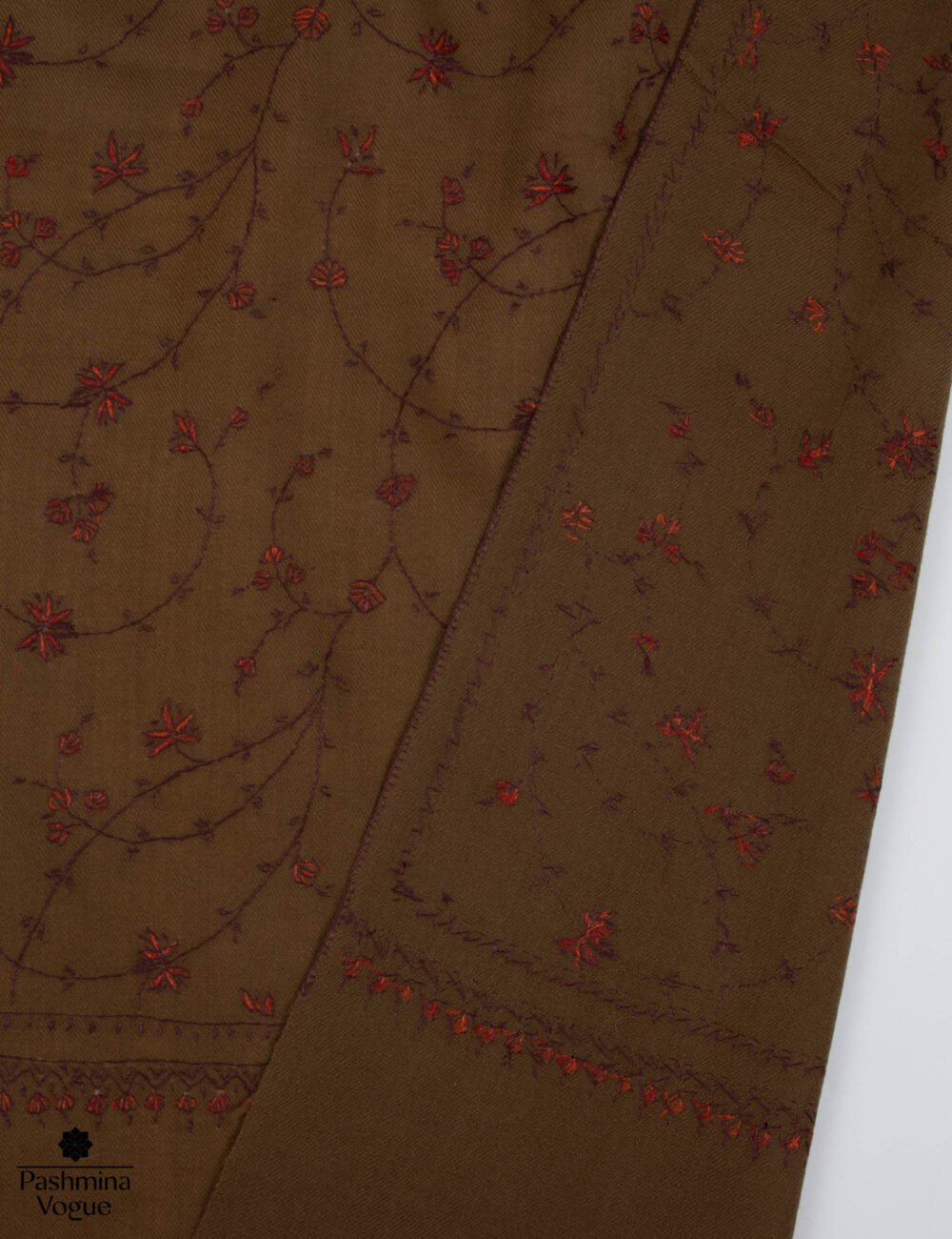 Brown Merino Wool Hand Embroidered Shawl