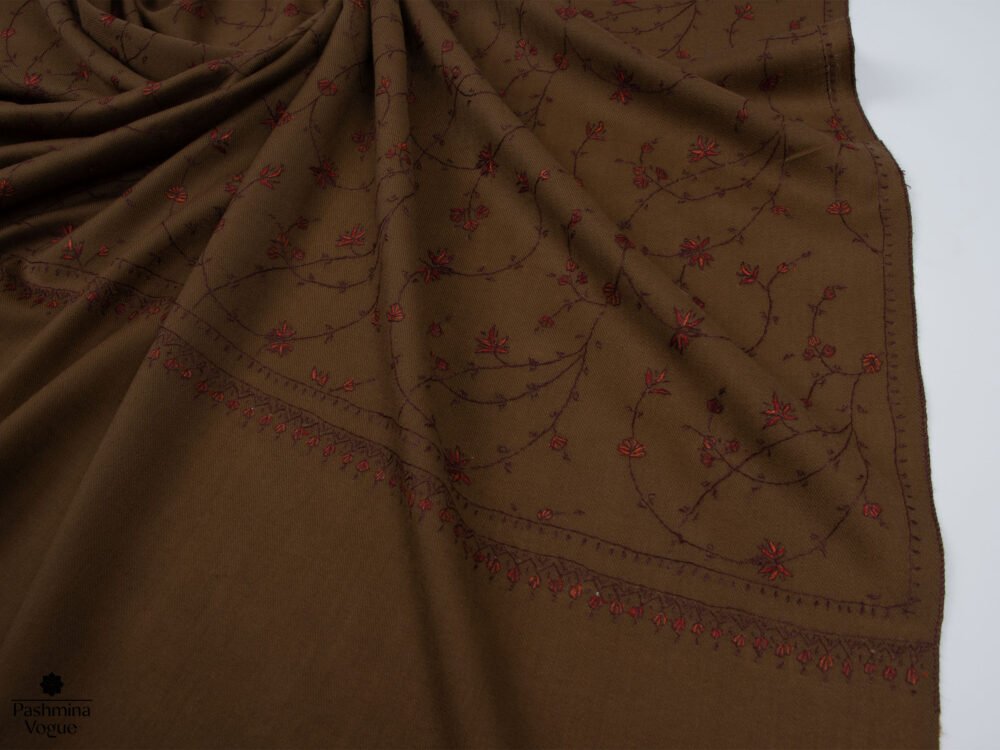 Brown Merino Wool Hand Embroidered Shawl