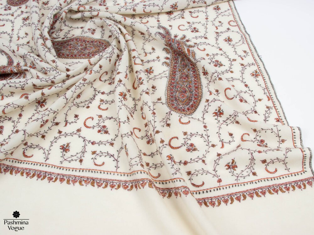 White All Over Embroidery Merino Wool Shawl