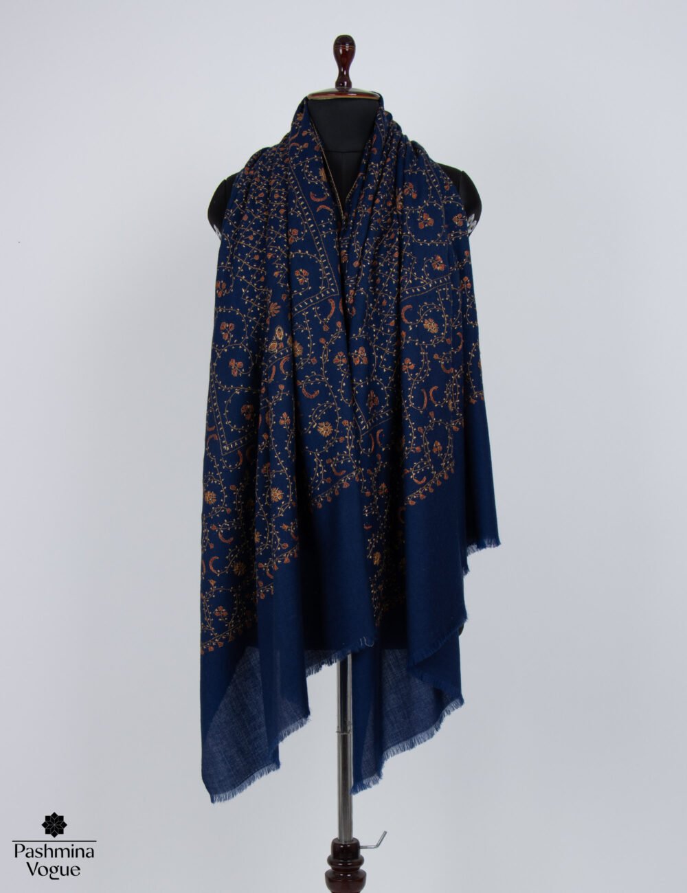 Blue Merino Wool Hand Embroidered Shawl