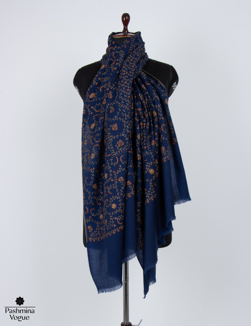 Blue Merino Wool Hand Embroidered Shawl