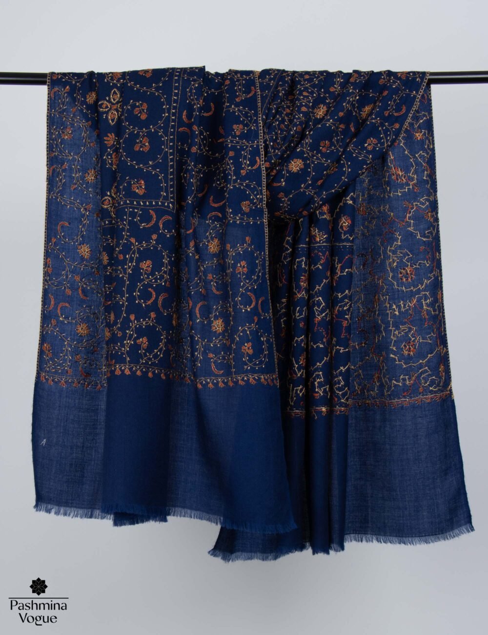 Blue Merino Wool Hand Embroidered Shawl