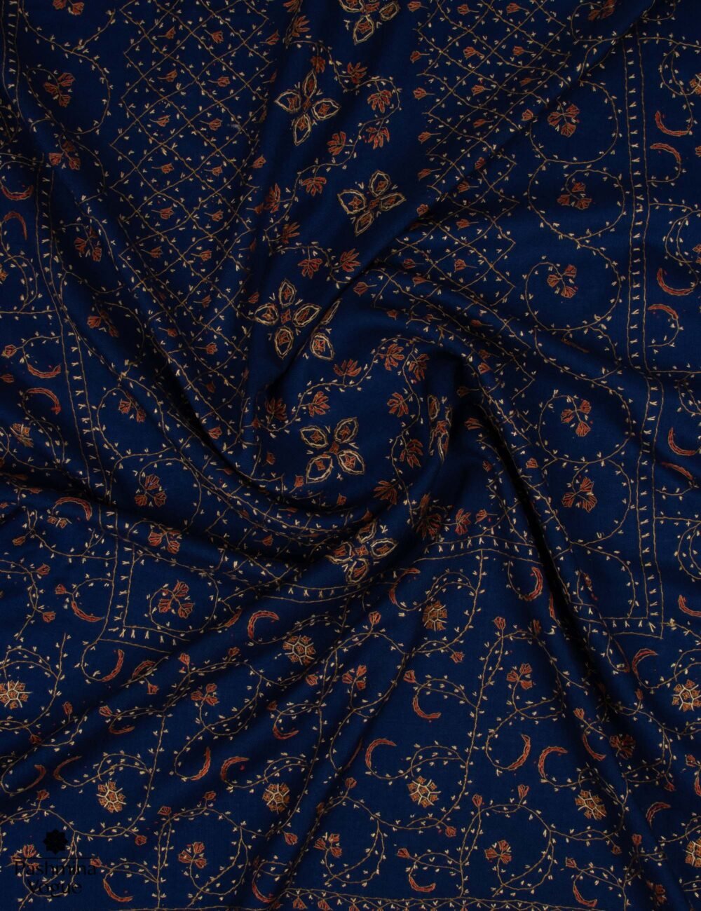 Blue Merino Wool Hand Embroidered Shawl