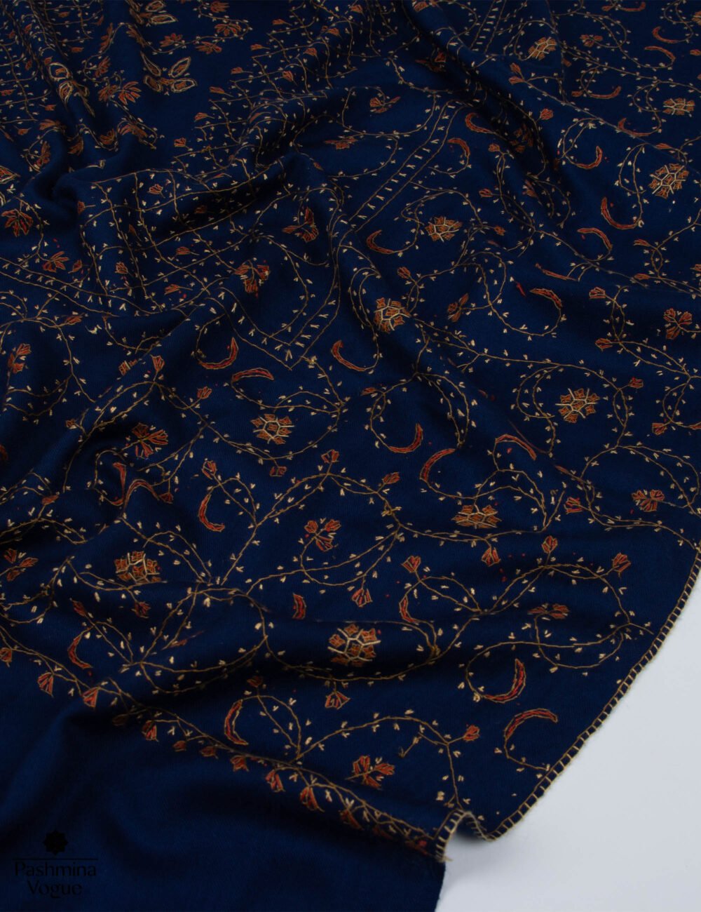 Blue Merino Wool Hand Embroidered Shawl