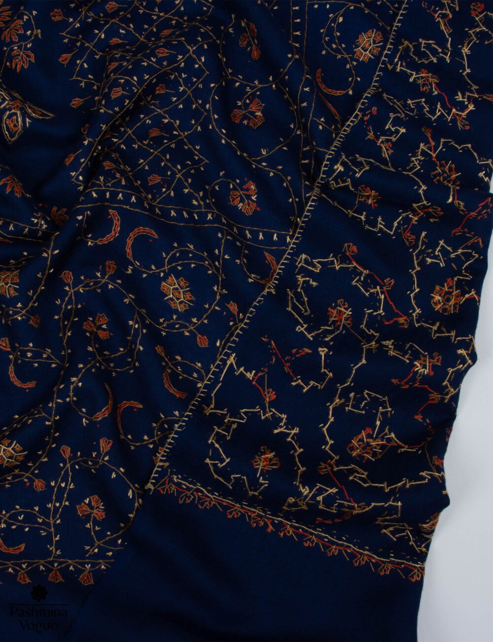 Blue Merino Wool Hand Embroidered Shawl