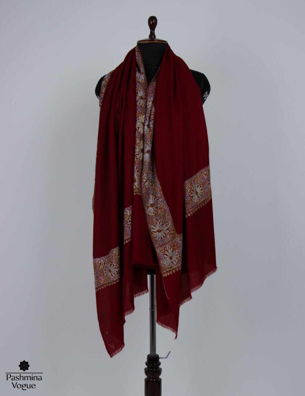 Burgundy Merino Wool Hand Embroidered Shawl