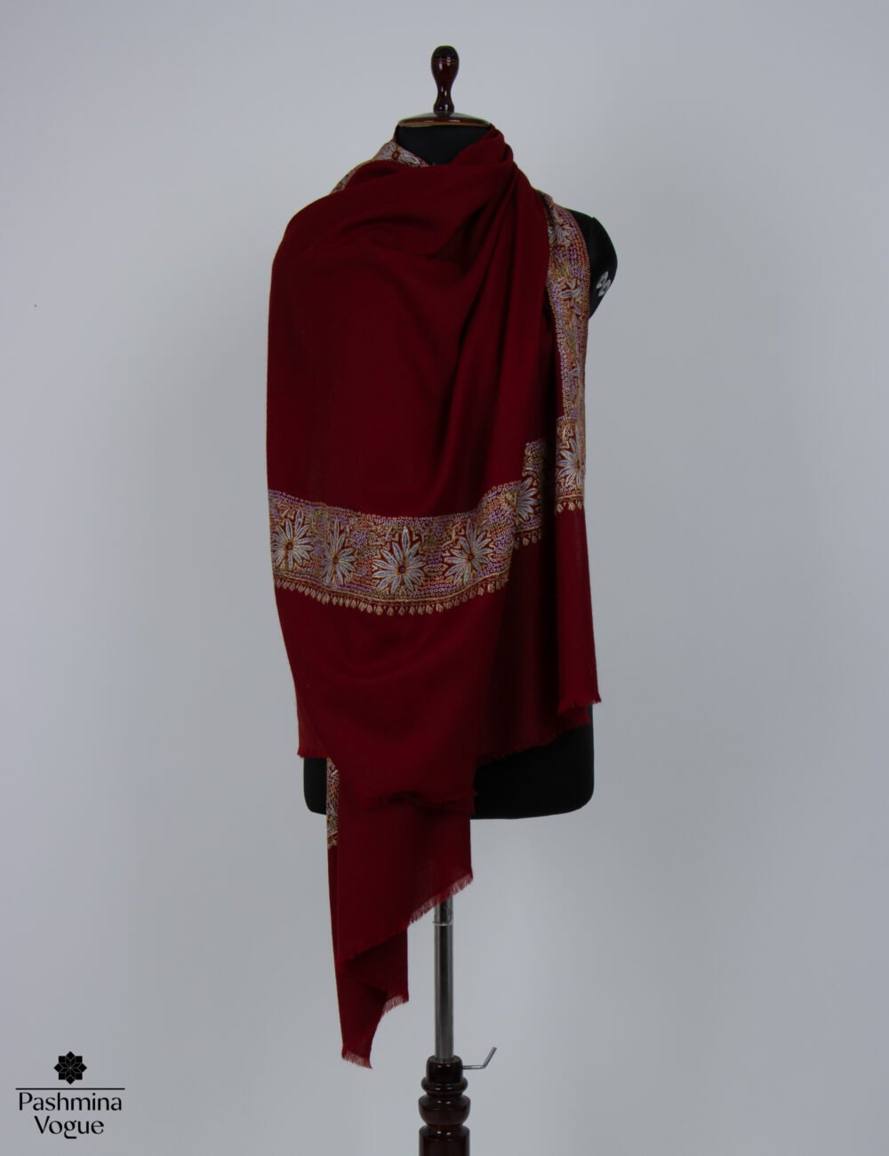 Burgundy Merino Wool Hand Embroidered Shawl