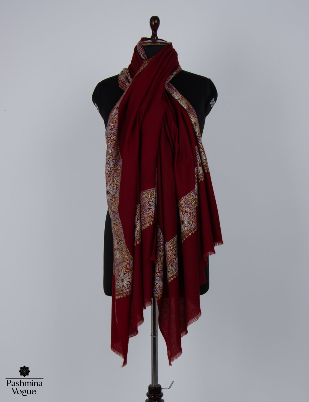 Burgundy Merino Wool Hand Embroidered Shawl