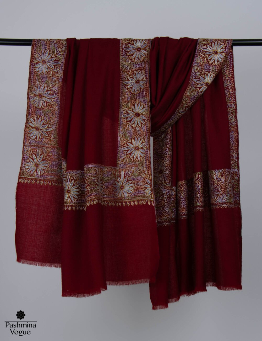 Burgundy Merino Wool Hand Embroidered Shawl