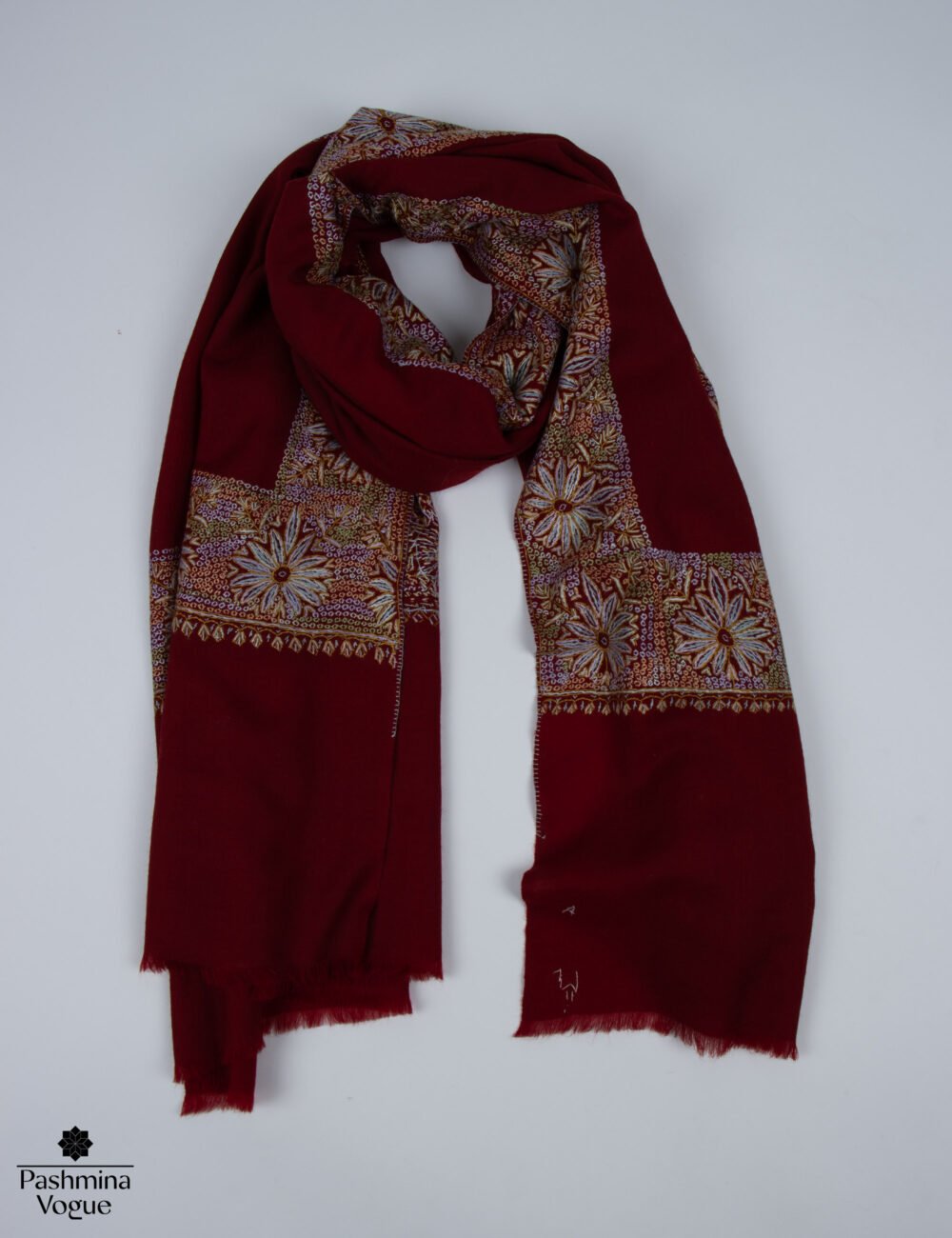 Burgundy Merino Wool Hand Embroidered Shawl