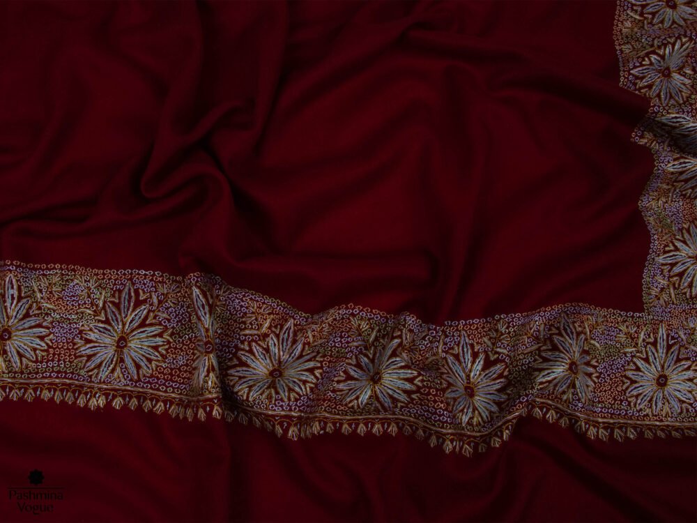 Burgundy Merino Wool Hand Embroidered Shawl