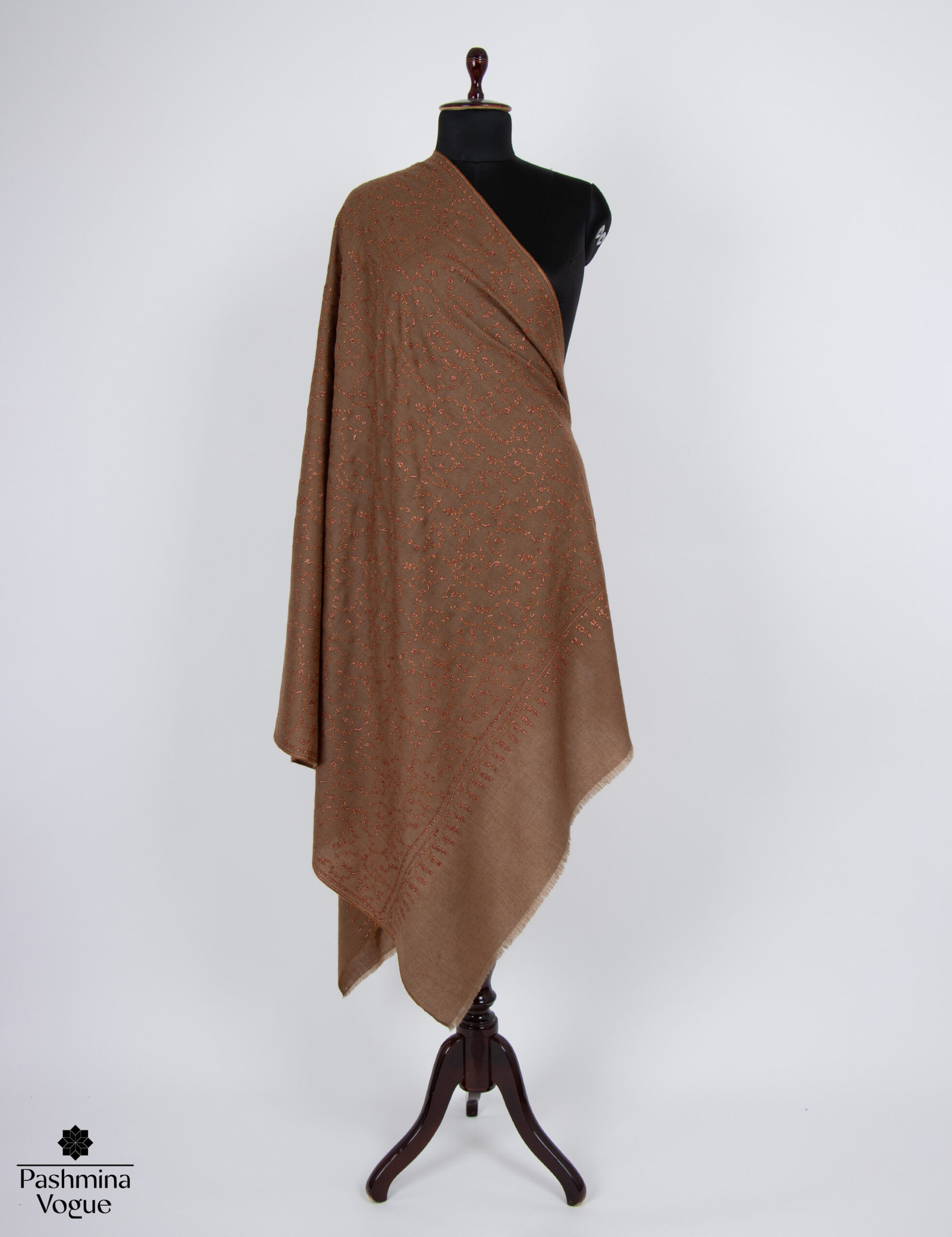 A draped brown cashmere pure wool scarf, highlighting its soft texture and rich, warm color.