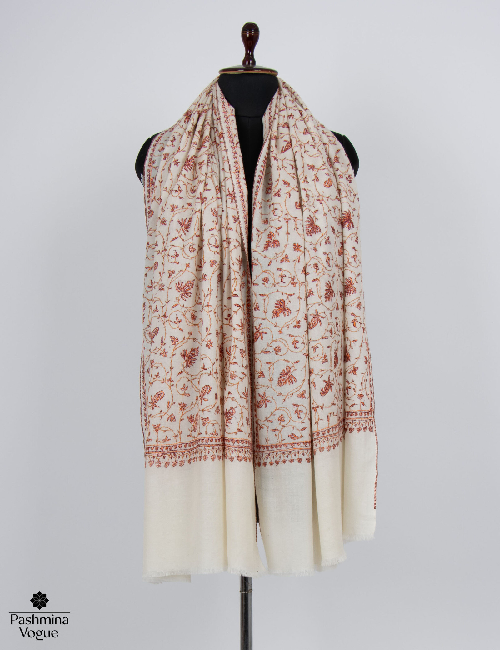 White Pure Wool Scarf For Her - Hand Embroidered Luxury Wrap