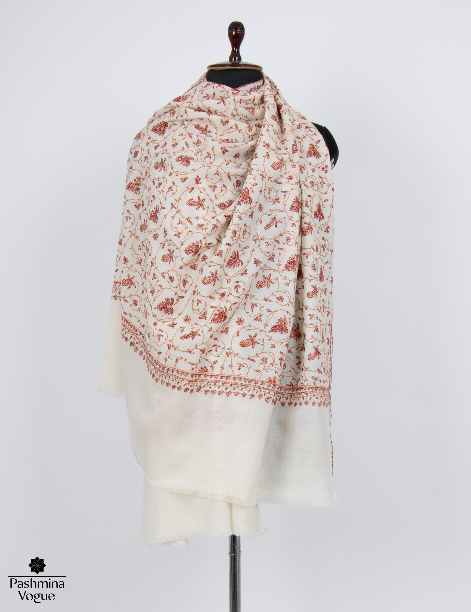 White Pure Wool Scarf For Her - Hand Embroidered Luxury Wrap