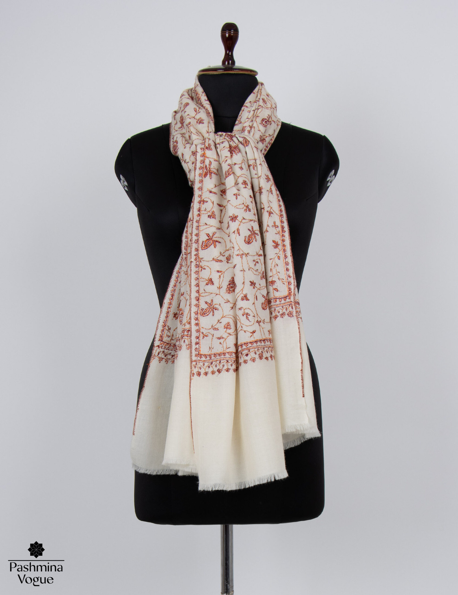 White Pure Wool Scarf For Her - Hand Embroidered Luxury Wrap