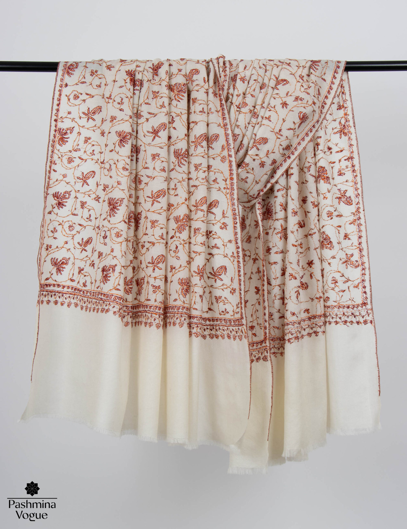 White Pure Wool Scarf For Her - Hand Embroidered Luxury Wrap