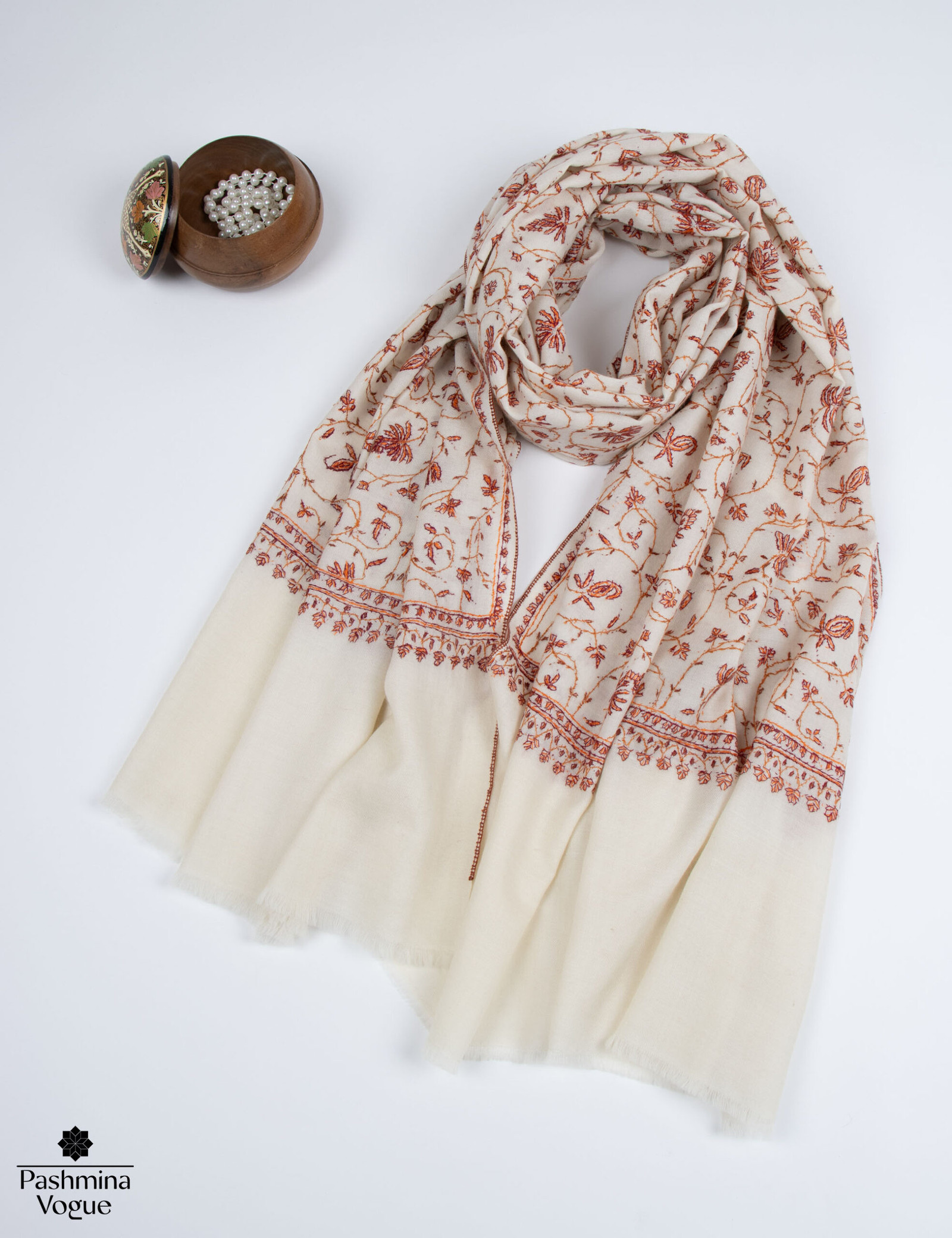 White Pure Wool Scarf For Her - Hand Embroidered Luxury Wrap