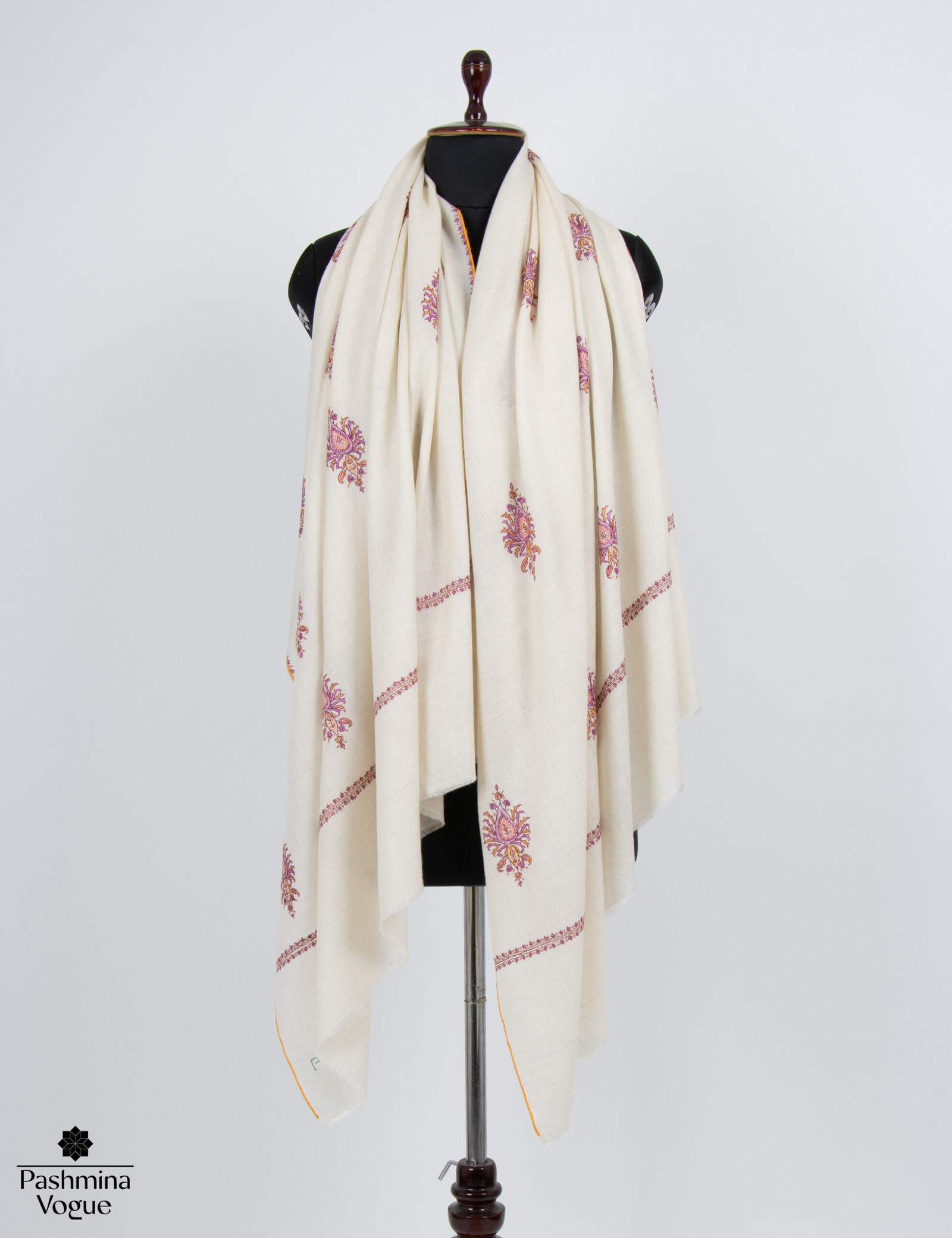 White Paisley Kashmir Pashmina Scarf - Boho Festival Wrap