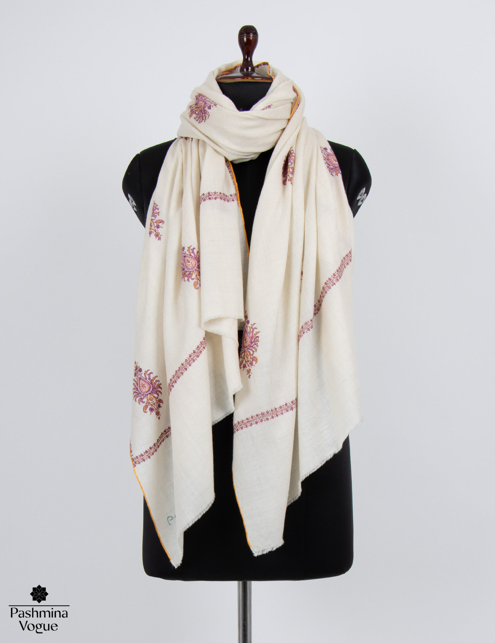 White Paisley Kashmir Pashmina Scarf - Boho Festival Wrap