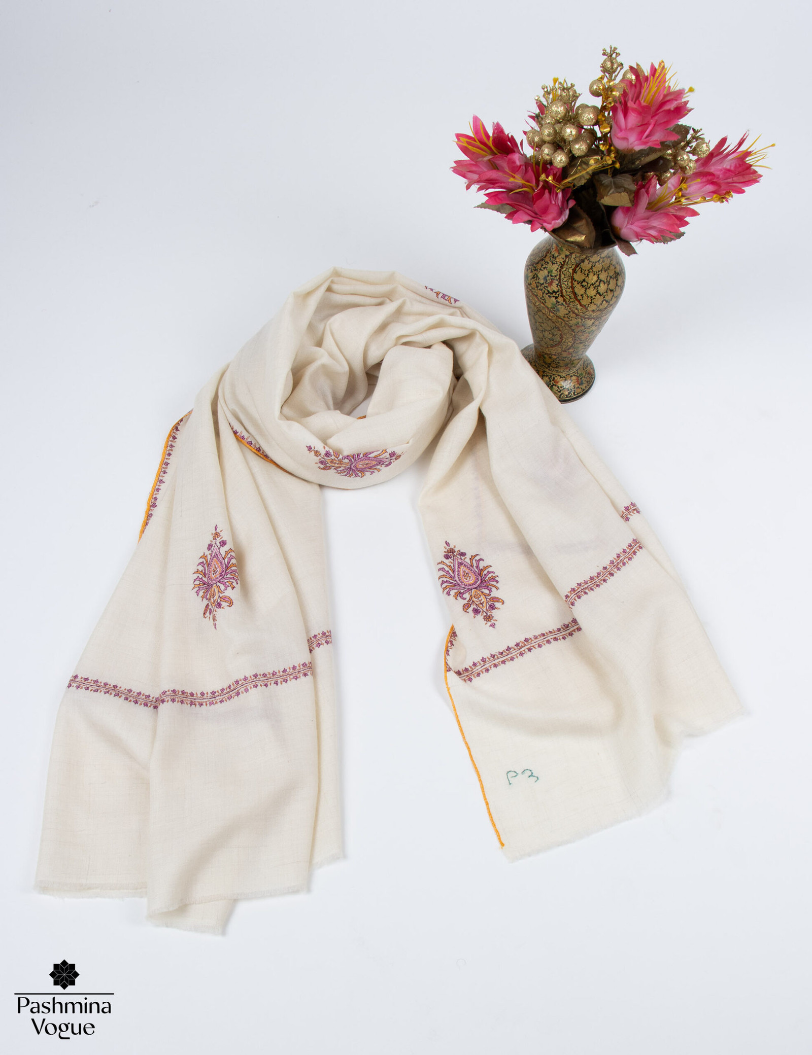 White Paisley Kashmir Pashmina Scarf - Boho Festival Wrap