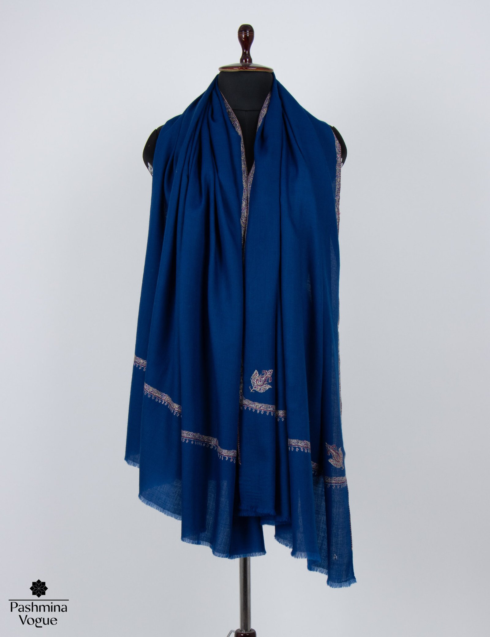Blue Merino Wool Shawl - Hand Embroidered Kashmiri Wrap