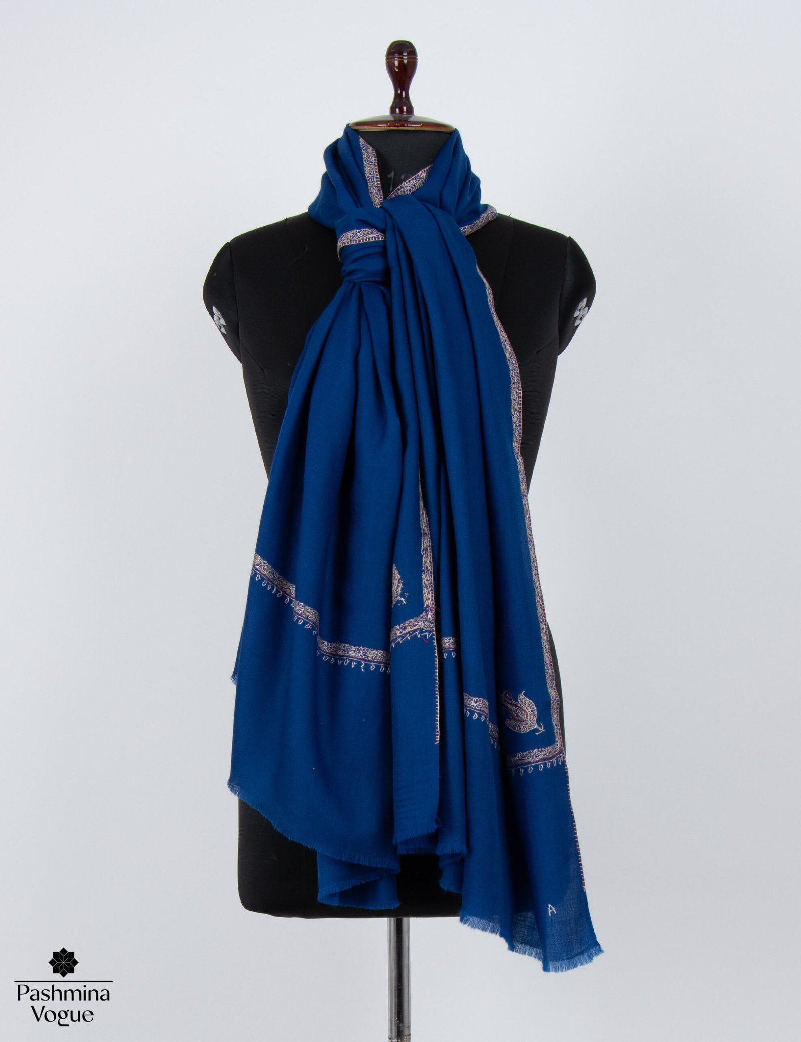 Blue Merino Wool Shawl - Hand Embroidered Kashmiri Wrap