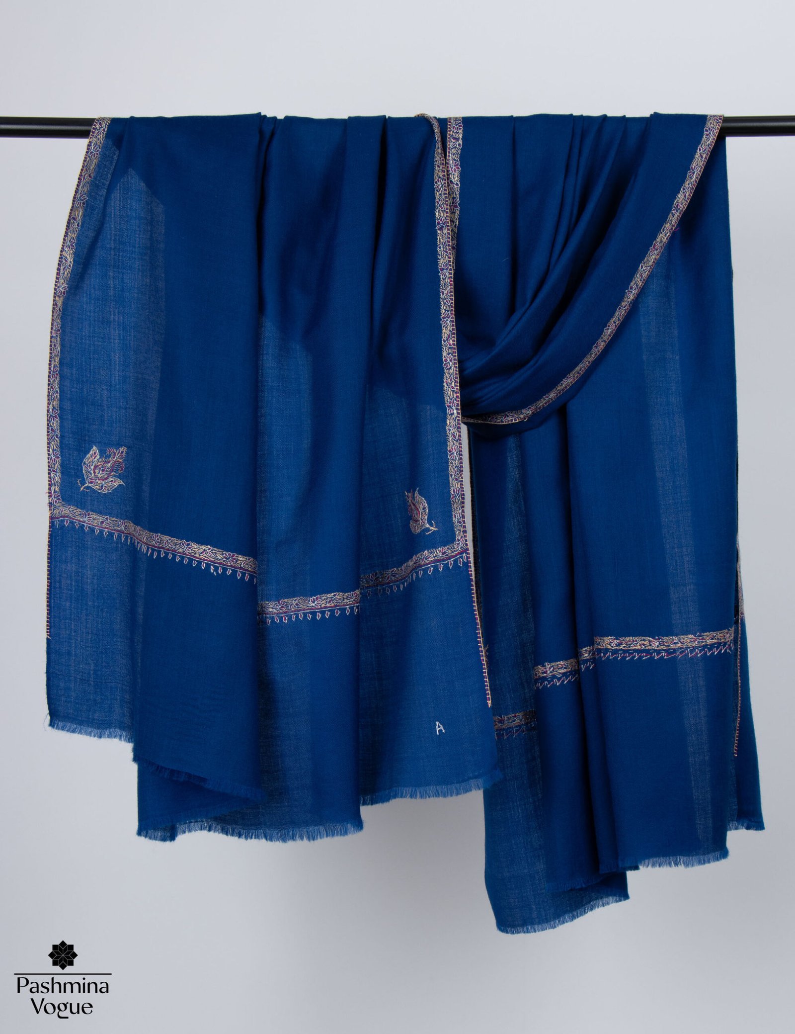 Blue Merino Wool Shawl - Hand Embroidered Kashmiri Wrap