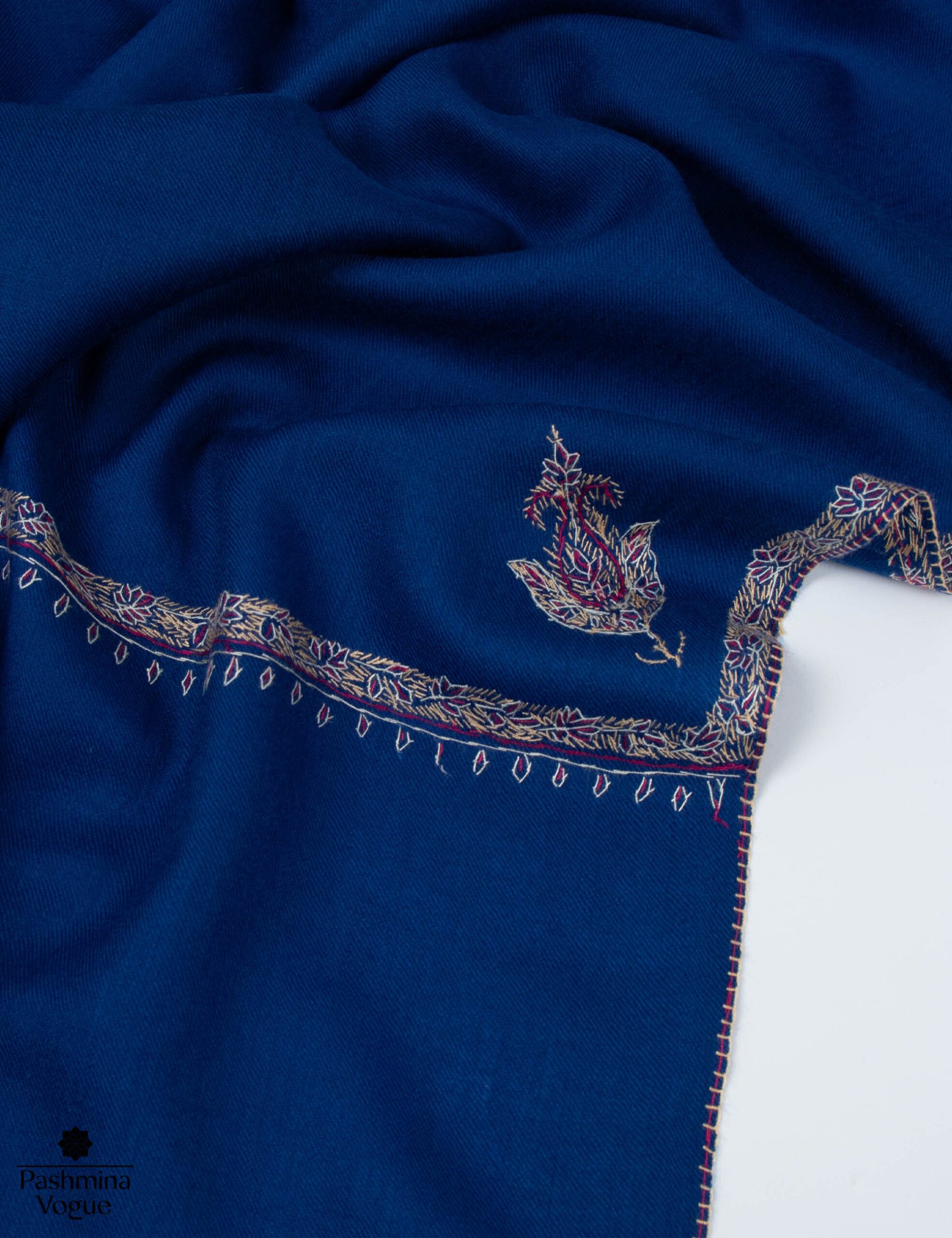 Blue Merino Wool Shawl - Hand Embroidered Kashmiri Wrap