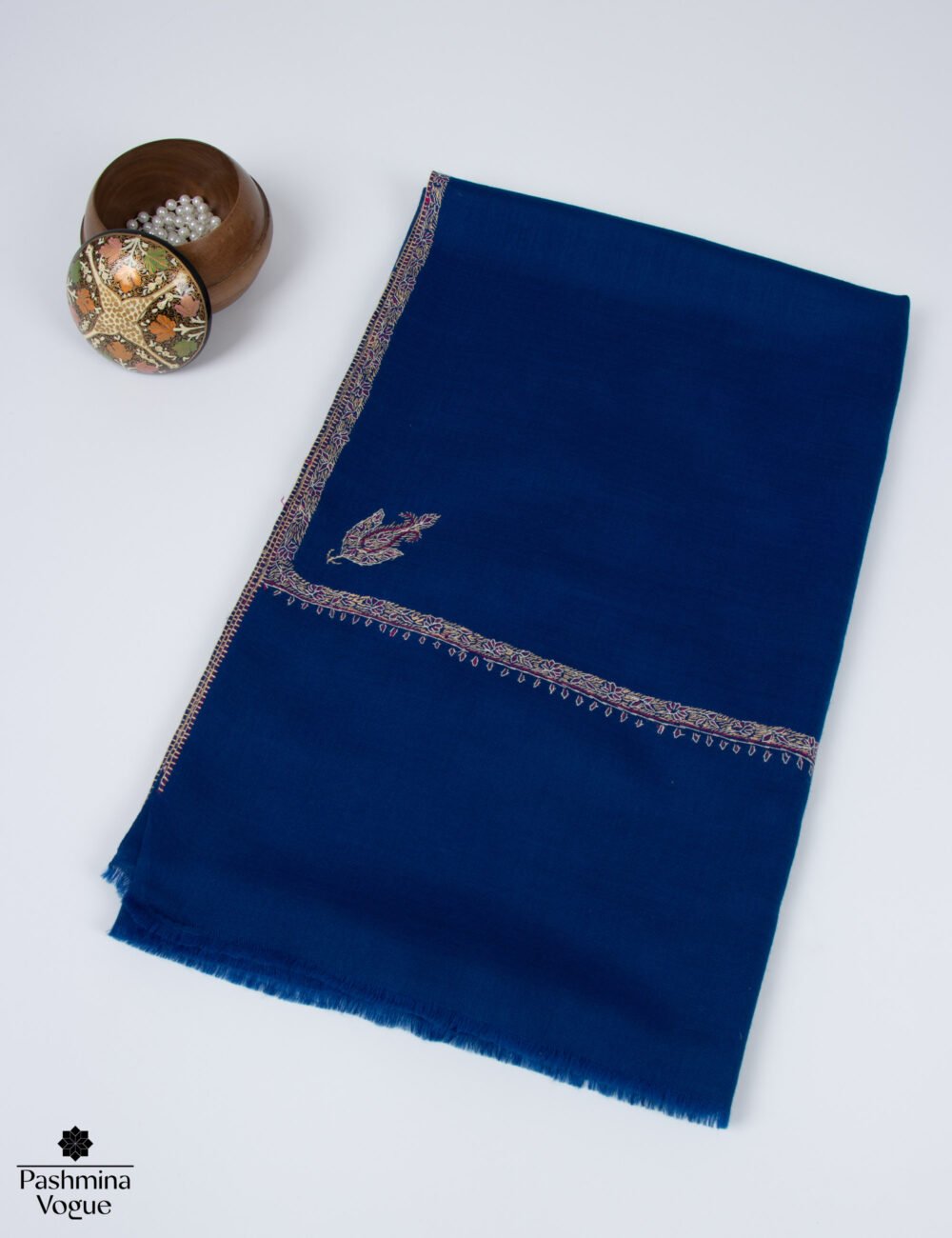 Blue Merino Wool Shawl - Hand Embroidered Kashmiri Wrap