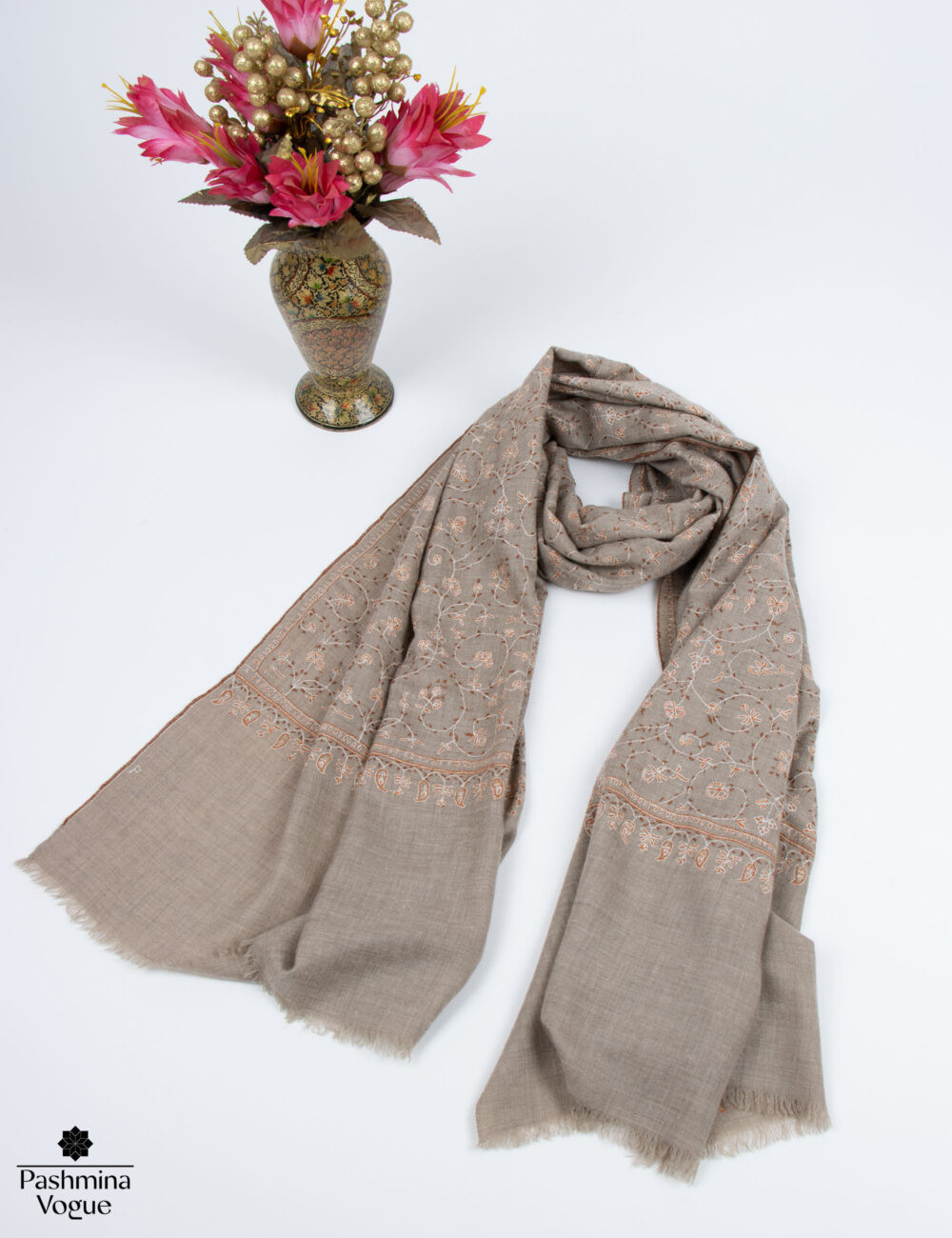 Zati Natural Jaal Pashmina Scarf - Hand Embroidered Undyed