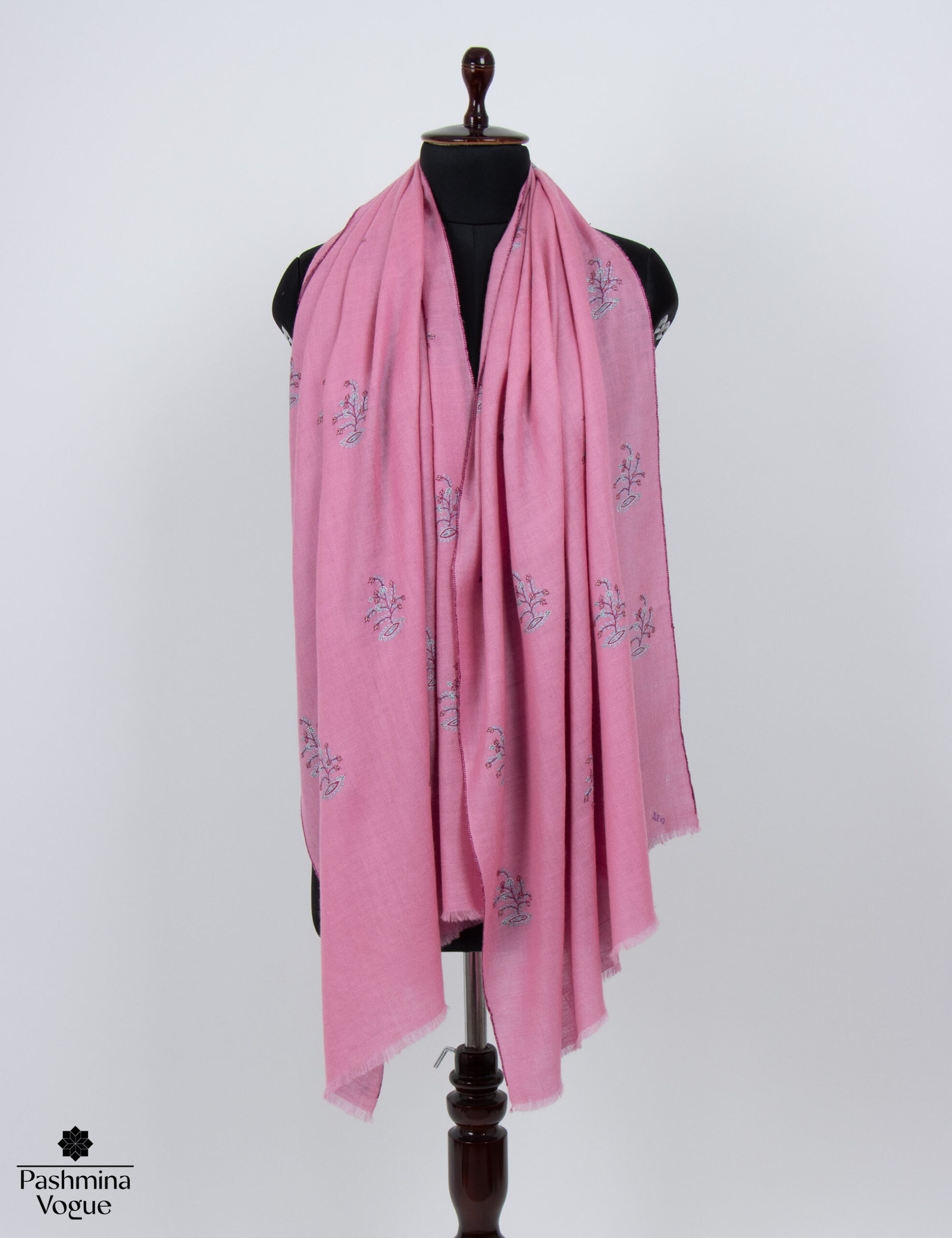 Pink Hand Embroidered Pashmina Shawl - Pure Cashmere Wrap