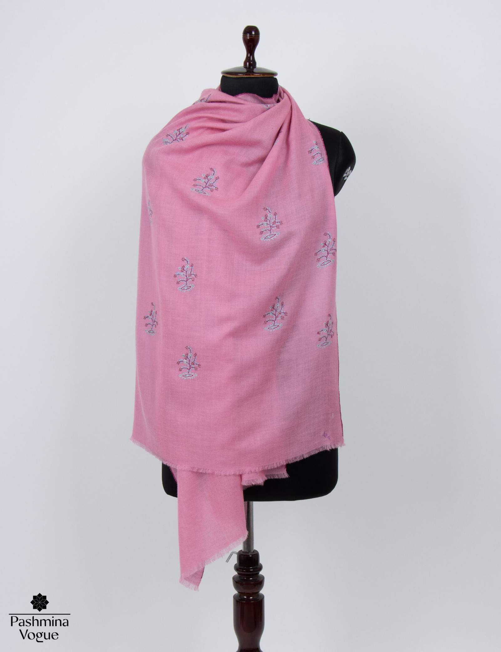 Pink Hand Embroidered Pashmina Shawl - Pure Cashmere Wrap