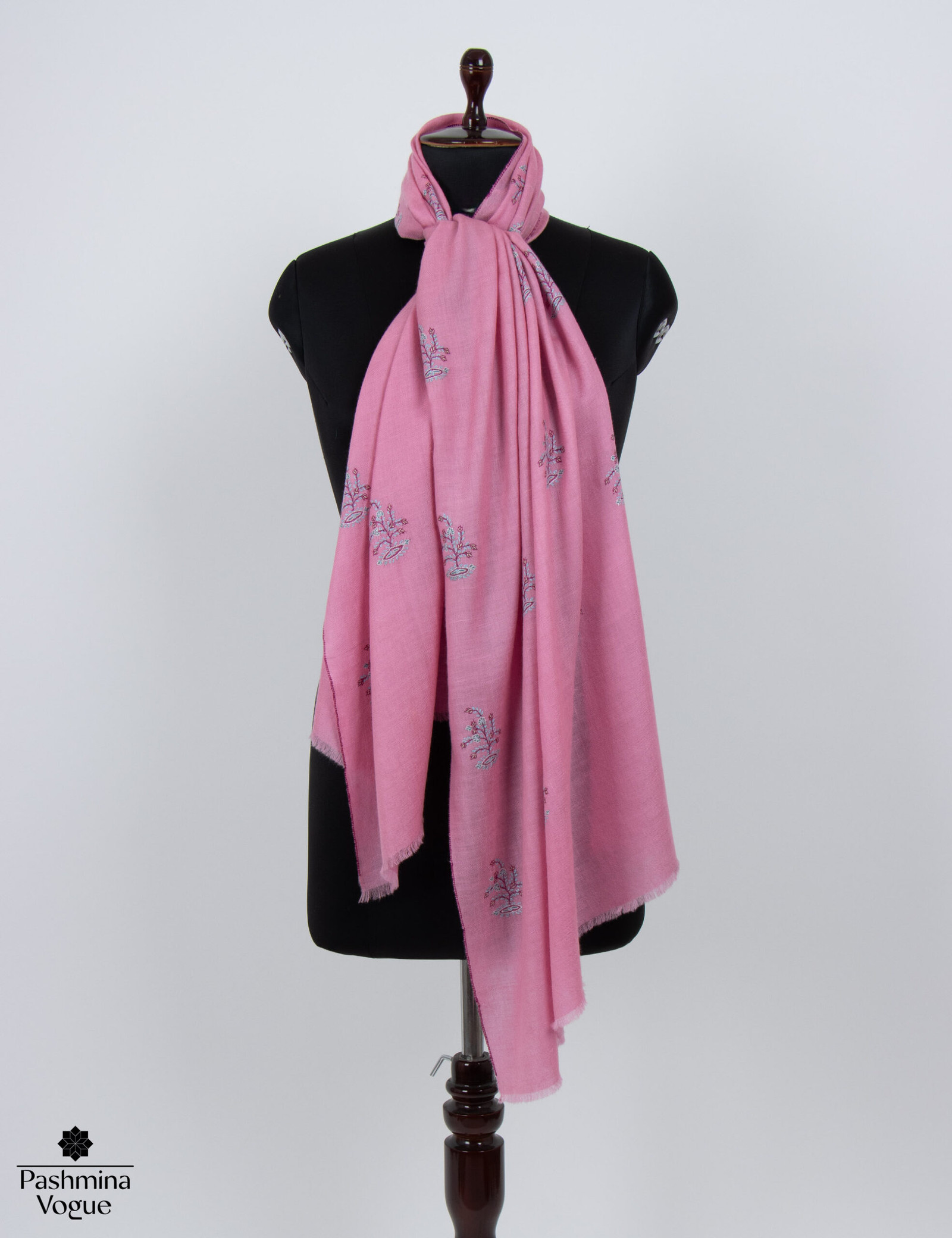 Pink Hand Embroidered Pashmina Shawl - Pure Cashmere Wrap