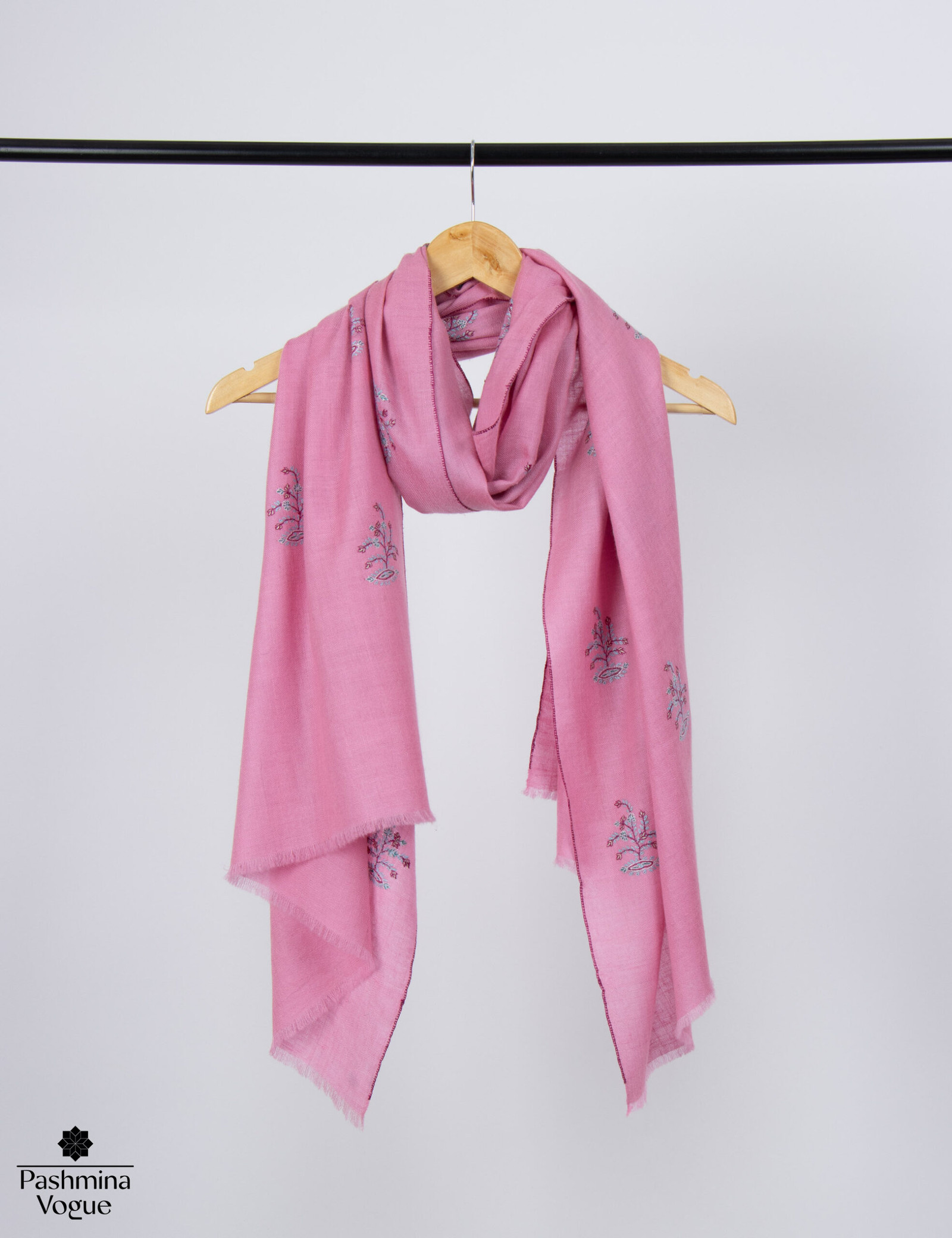 Pink Hand Embroidered Pashmina Shawl - Pure Cashmere Wrap